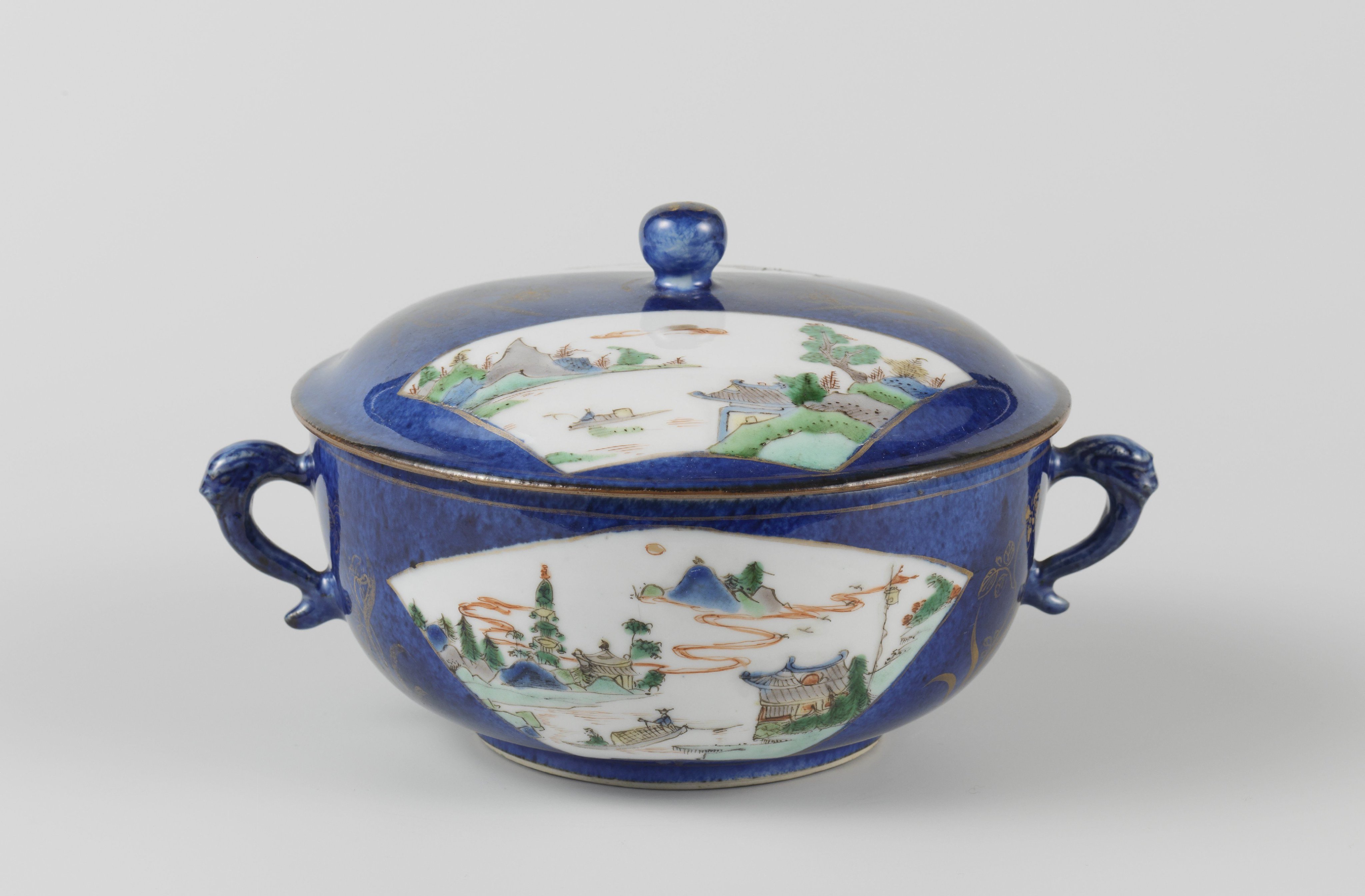 Covered bowl with powder blue and river landscapes