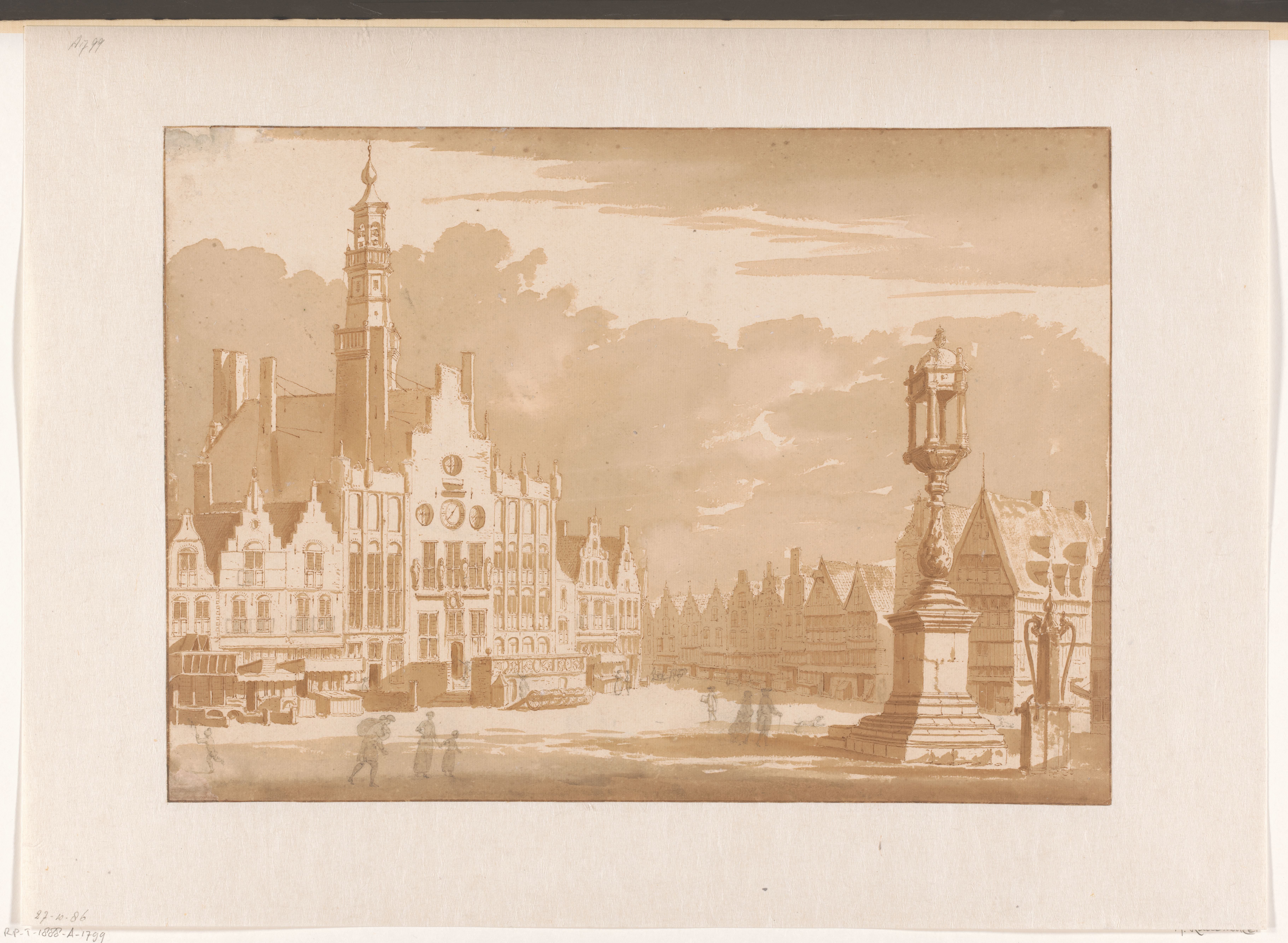 Gezicht op de markt en stadhuis te 's-Hertogenbosch
