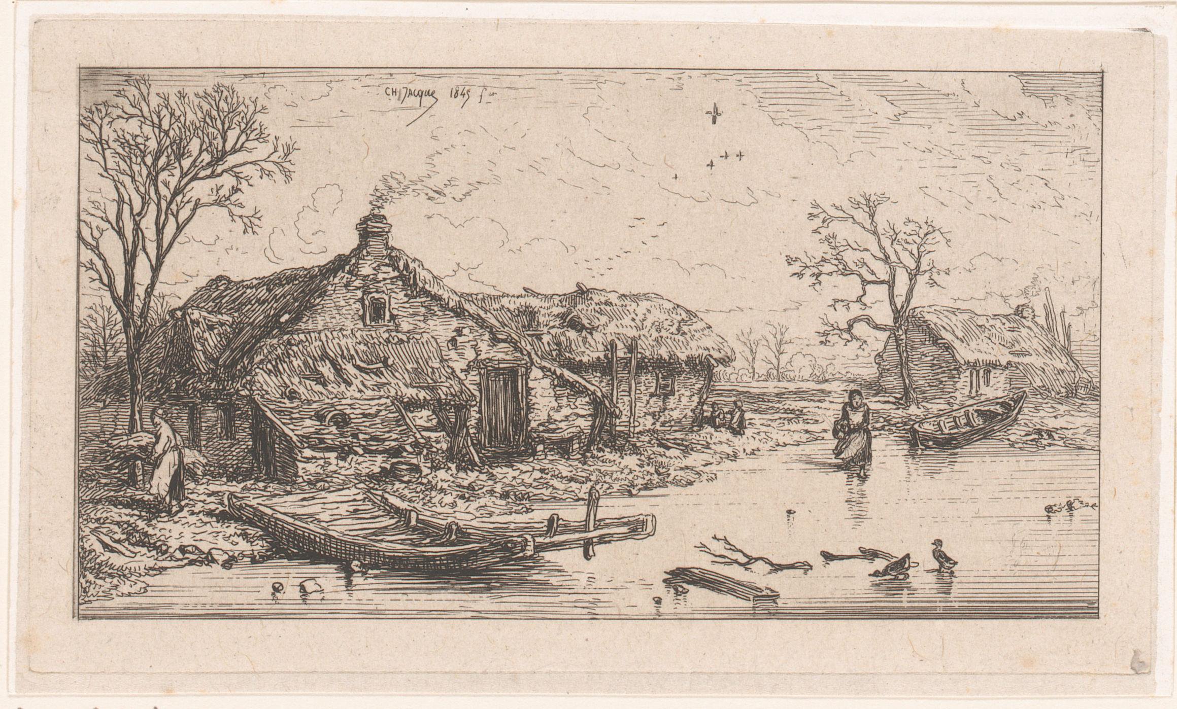 Winterlandschap met een boerderij aan een bevroren rivier