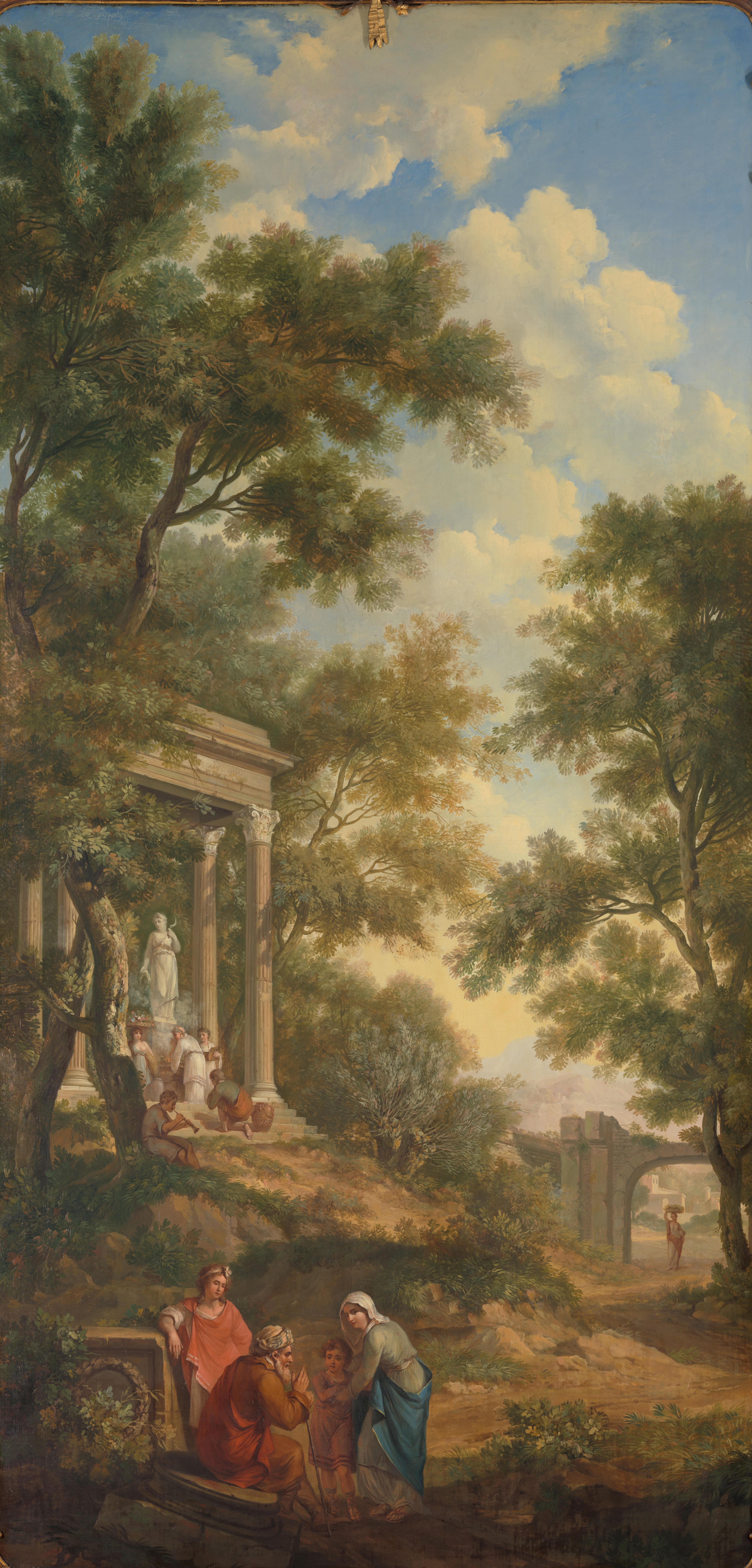 Arcadisch landschap met links een tempel en op de voorgrond een zittende oude man