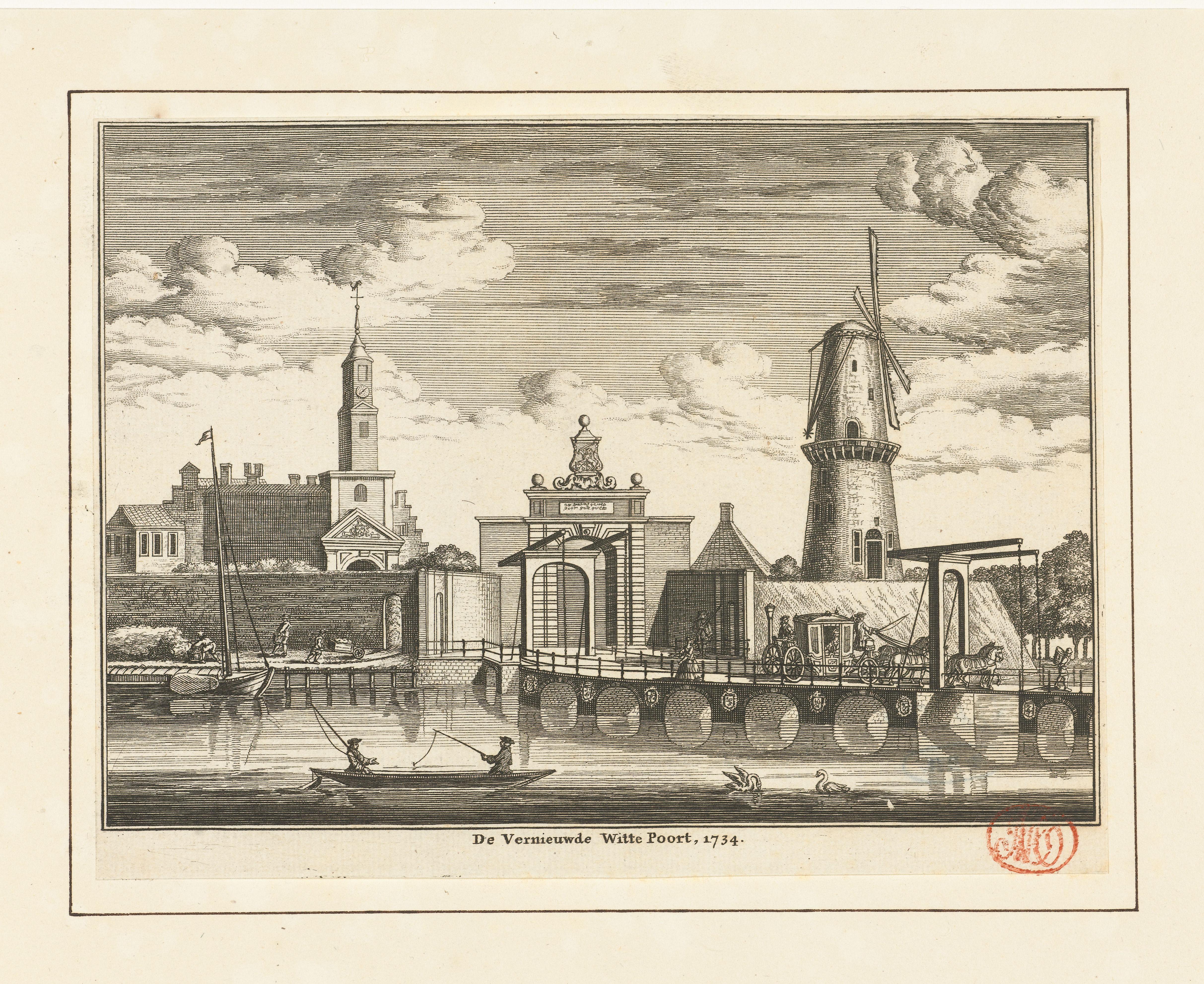 Gezicht op de vernieuwde Witte Poort te Leiden, 1734