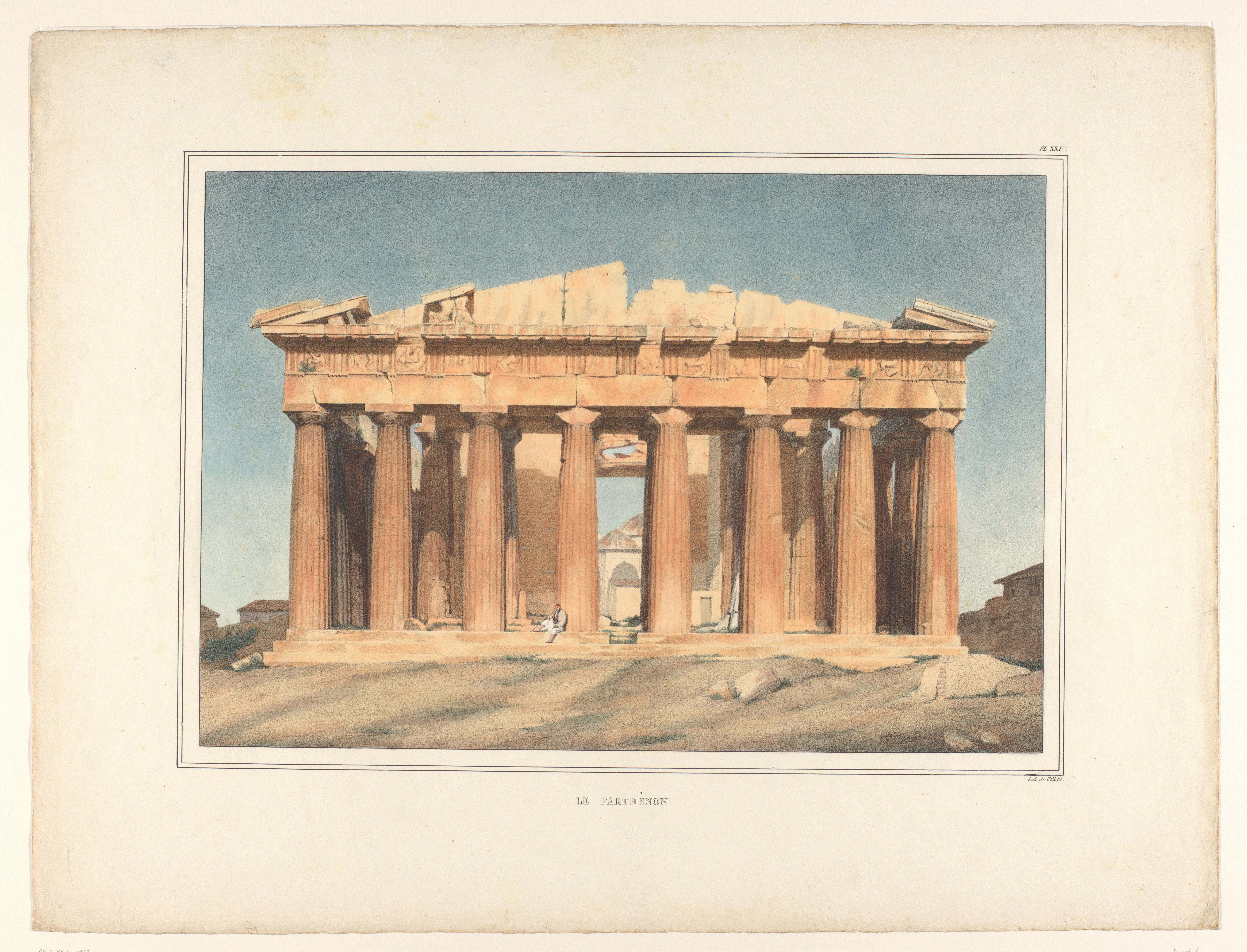Gezicht op het Parthenon met zittende pijprokende figuur