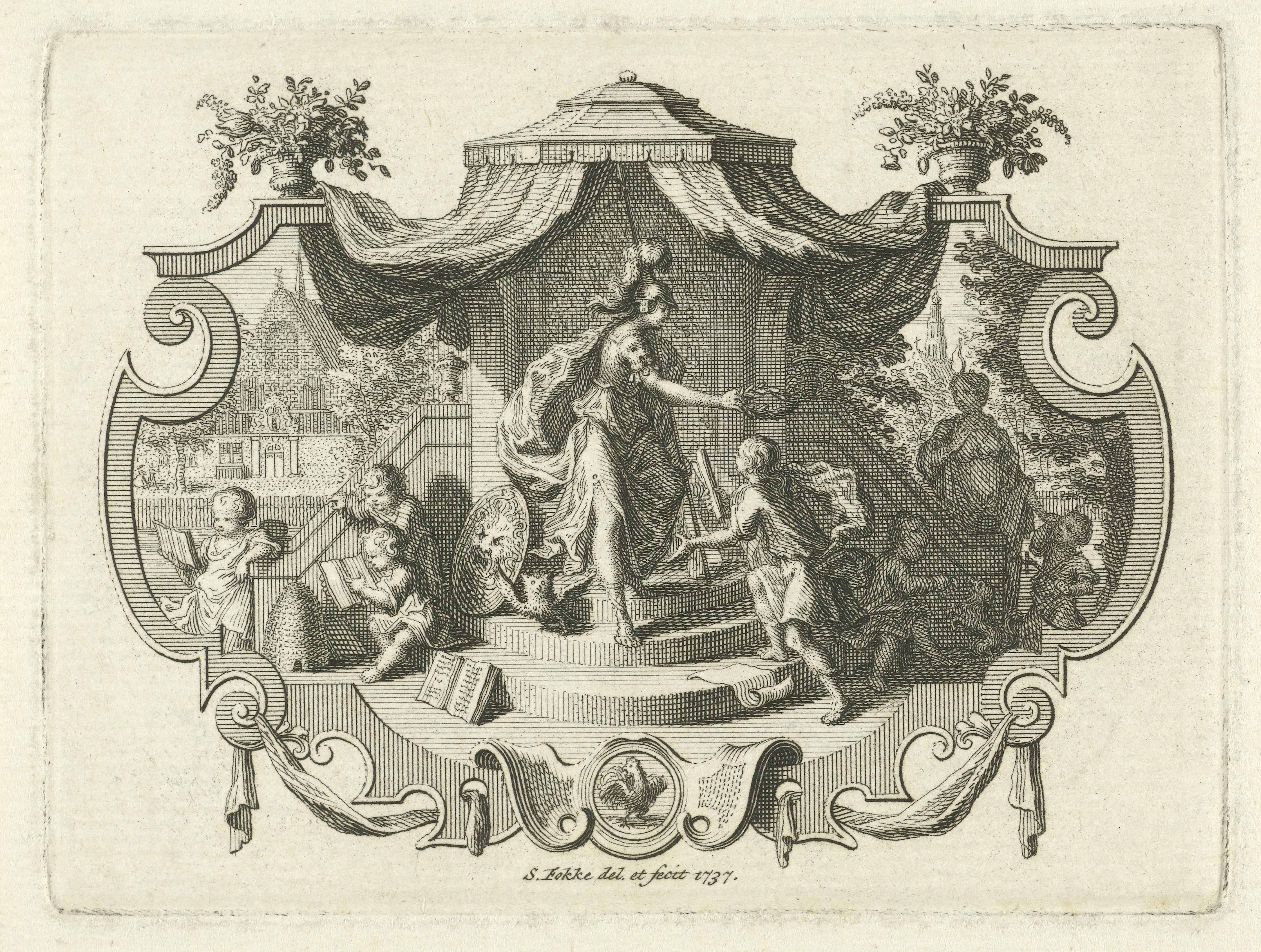 Allegorisch vignet met Minerva die een jongeman lauwert