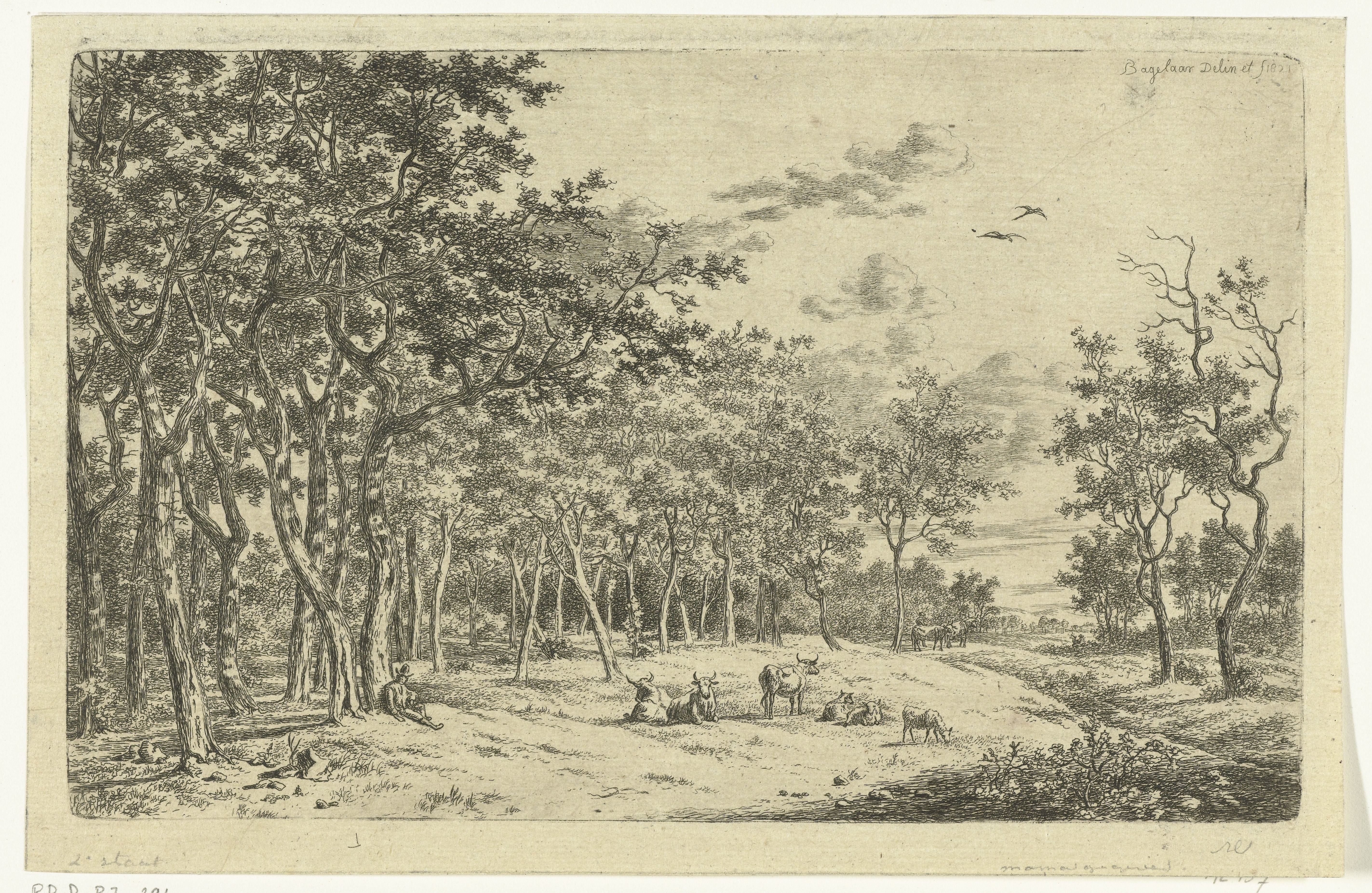Landschap met een herder en zijn kudde aan de rand van het bos