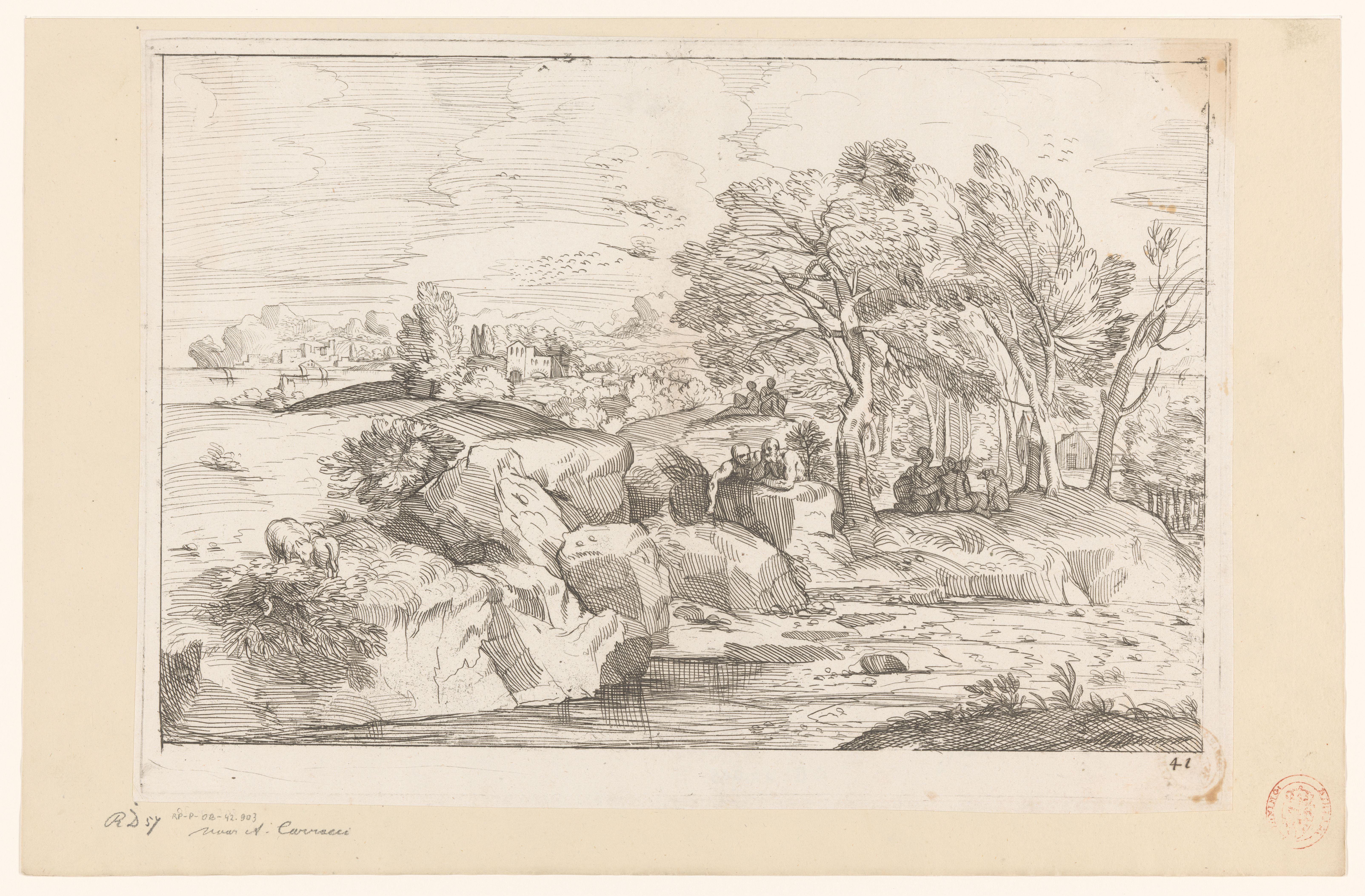 Rivierlandschap met rustende figuren