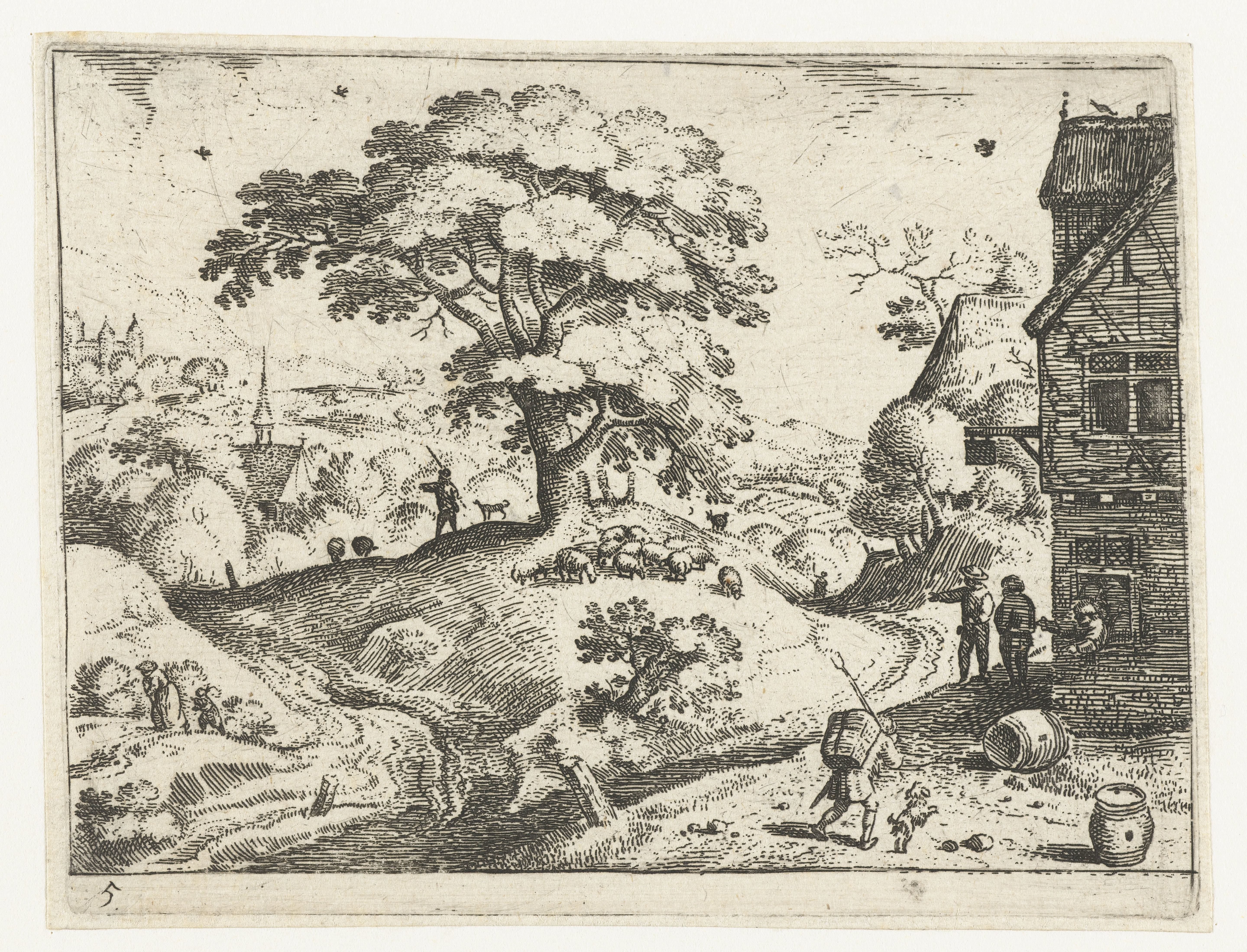 Landschap met reiziger bij herberg