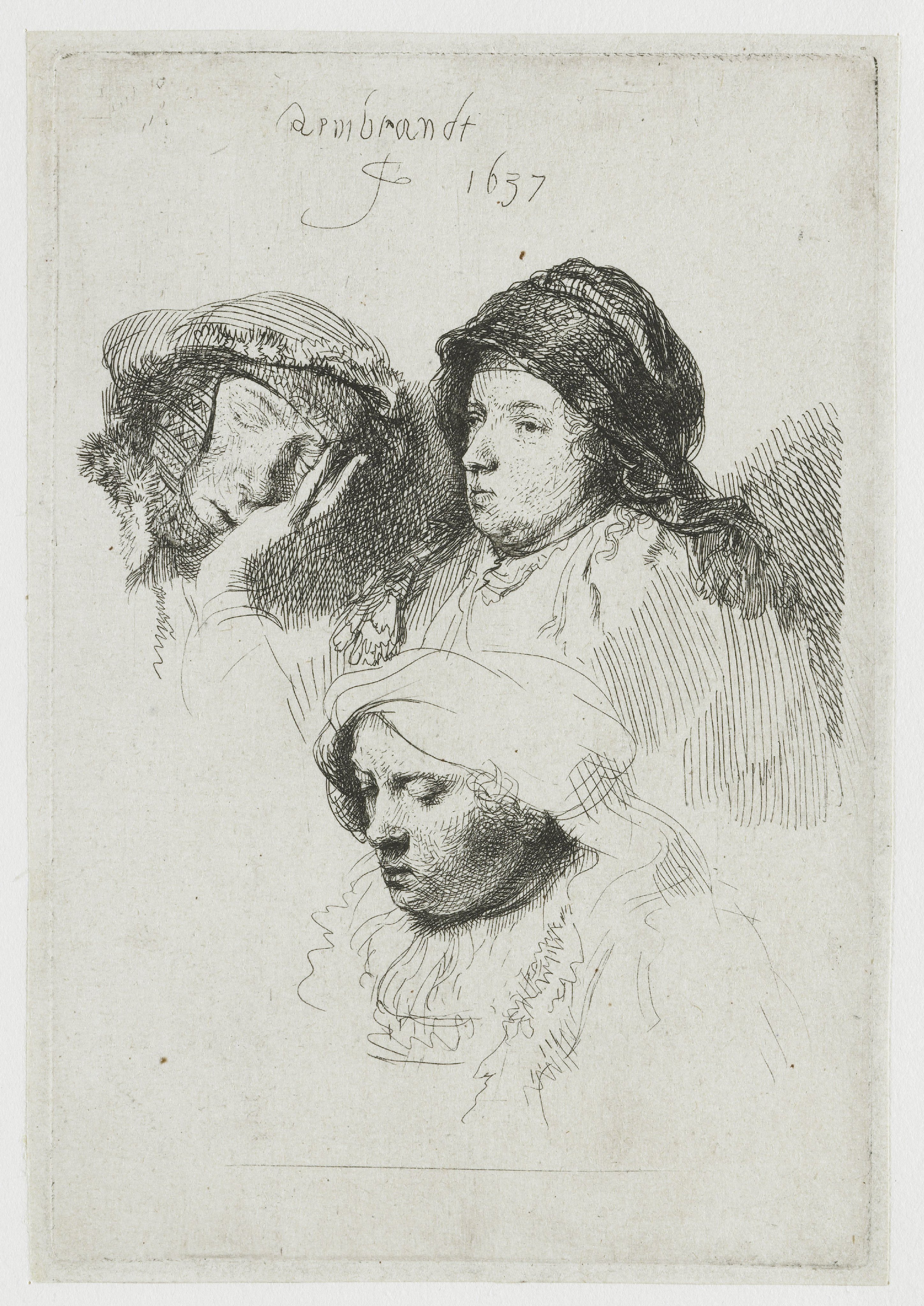 Three heads of women: one asleep