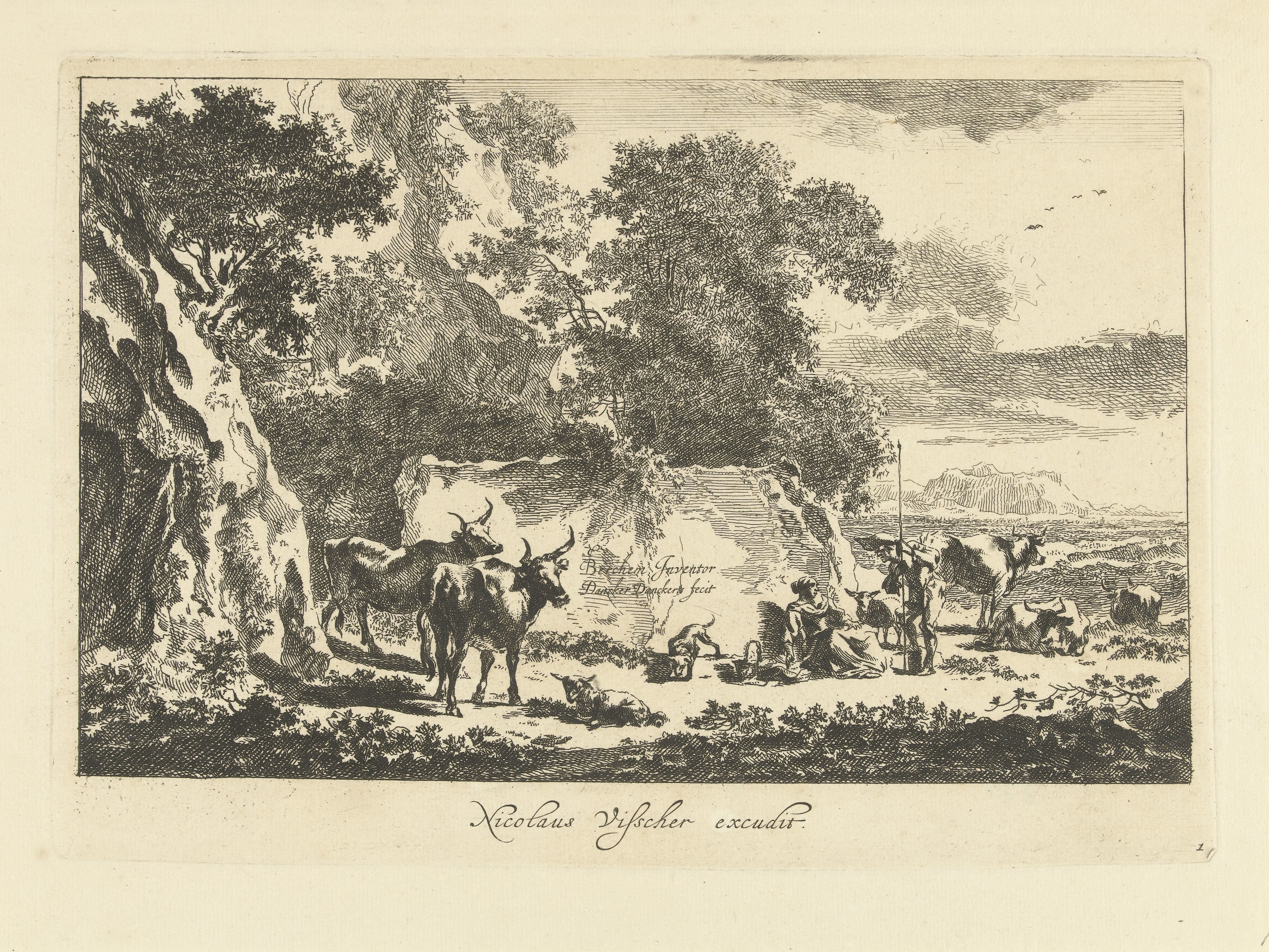 Italiaans landschap met herders en vee rustend bij rots