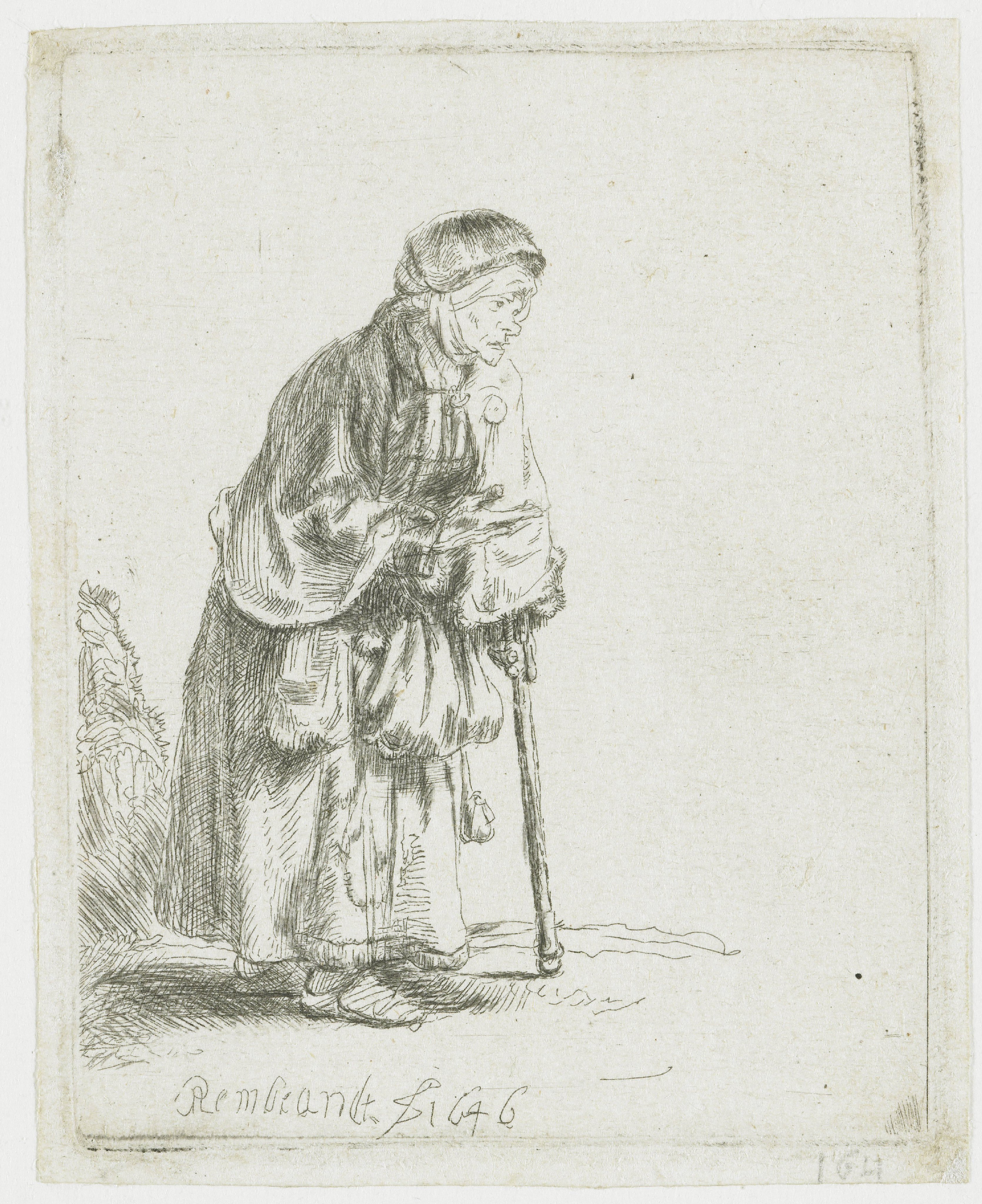 Beggar woman leaning on a stick