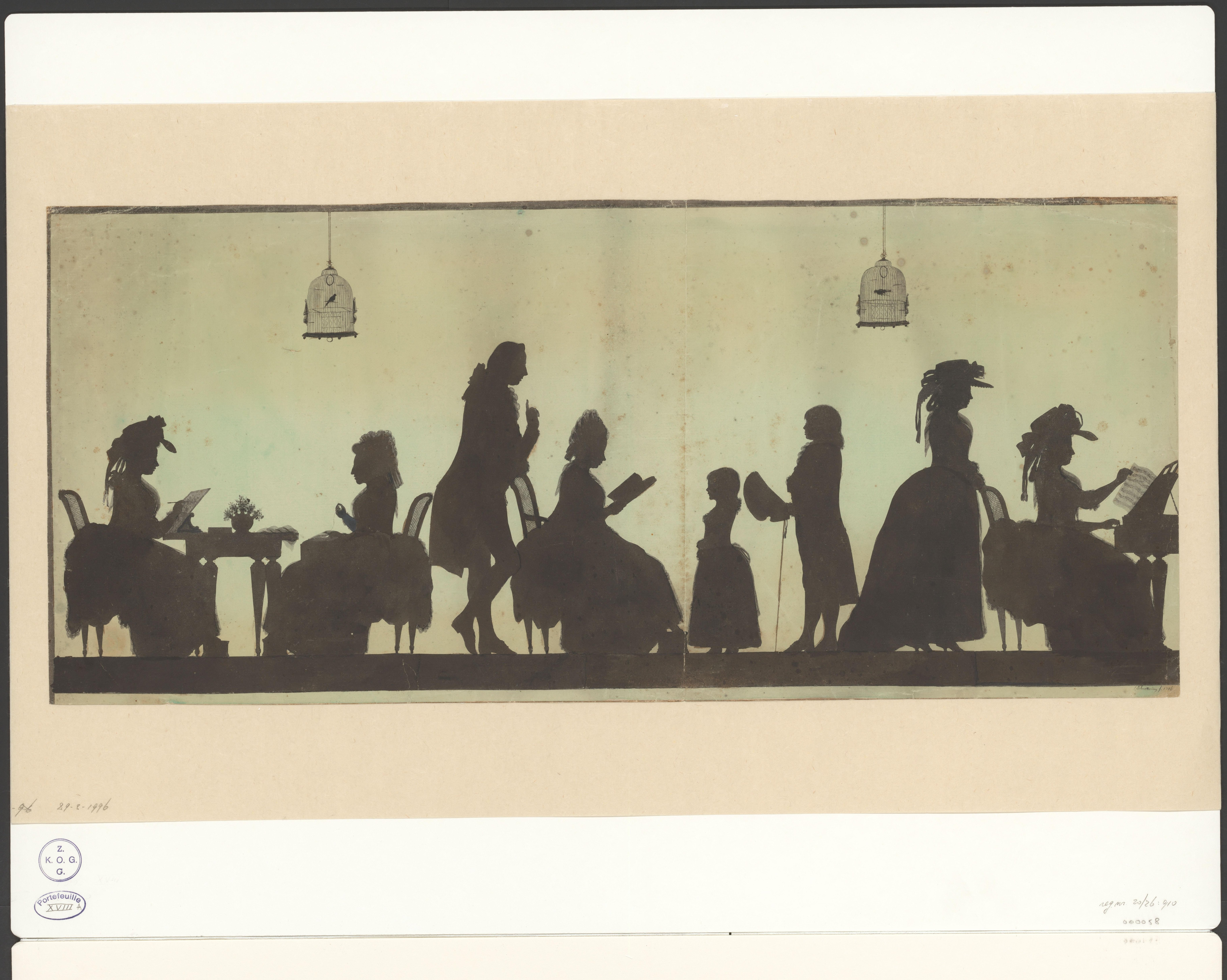 Silhouet van musicerende, lezende en handwerkende vrouwen