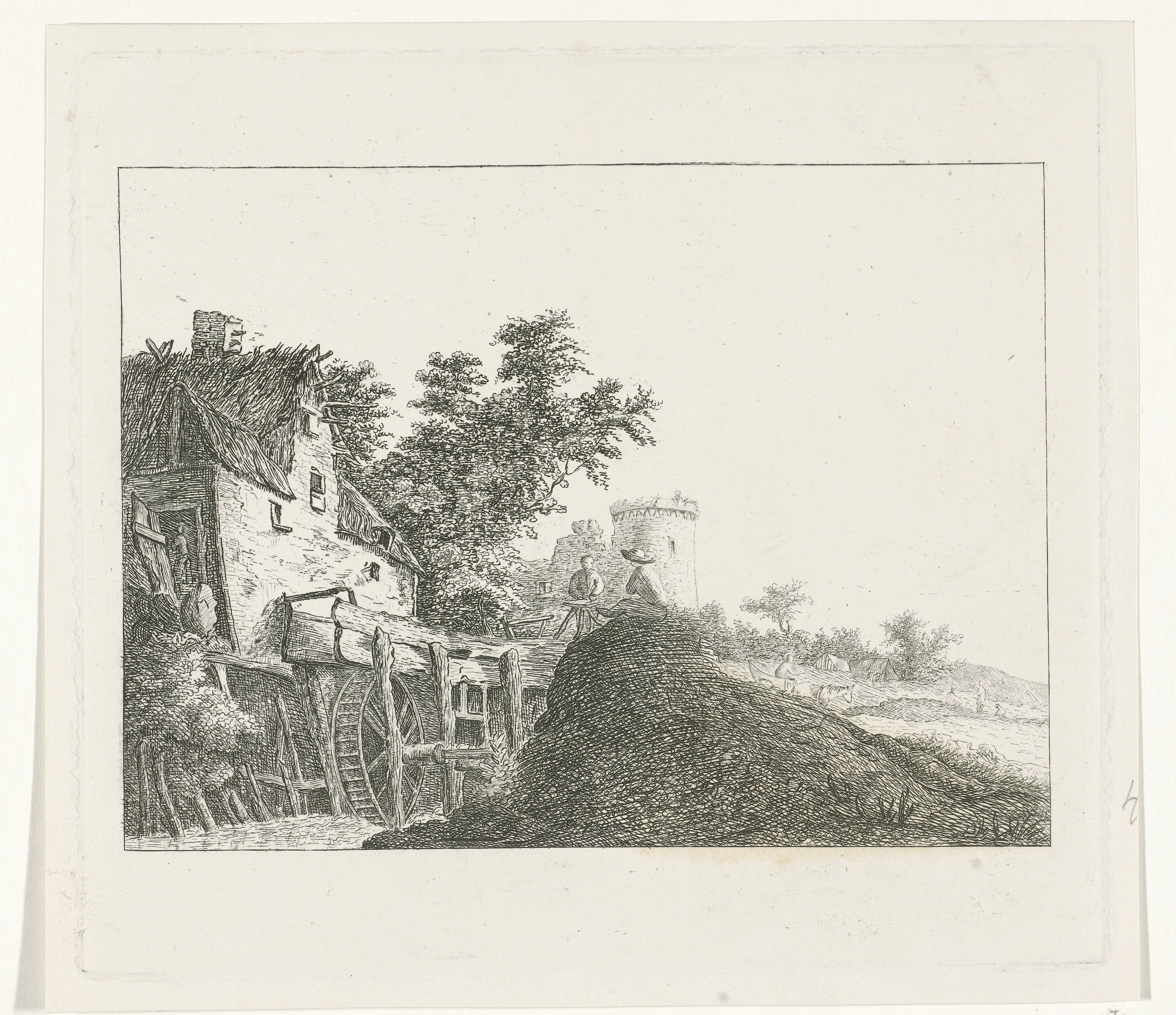 Landschap met watermolen en toren