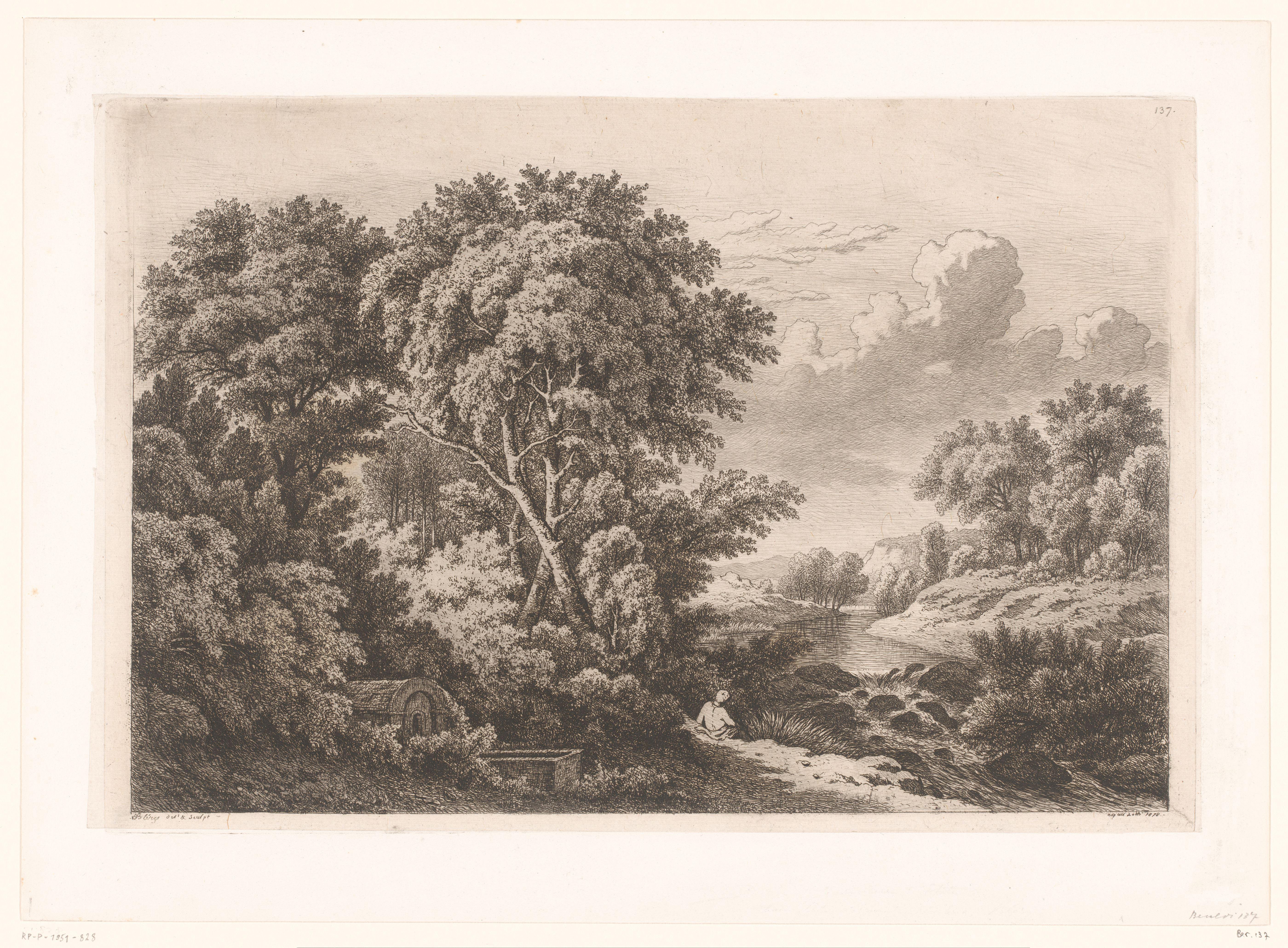 Rivierlandschap met fontein en rustende figuur