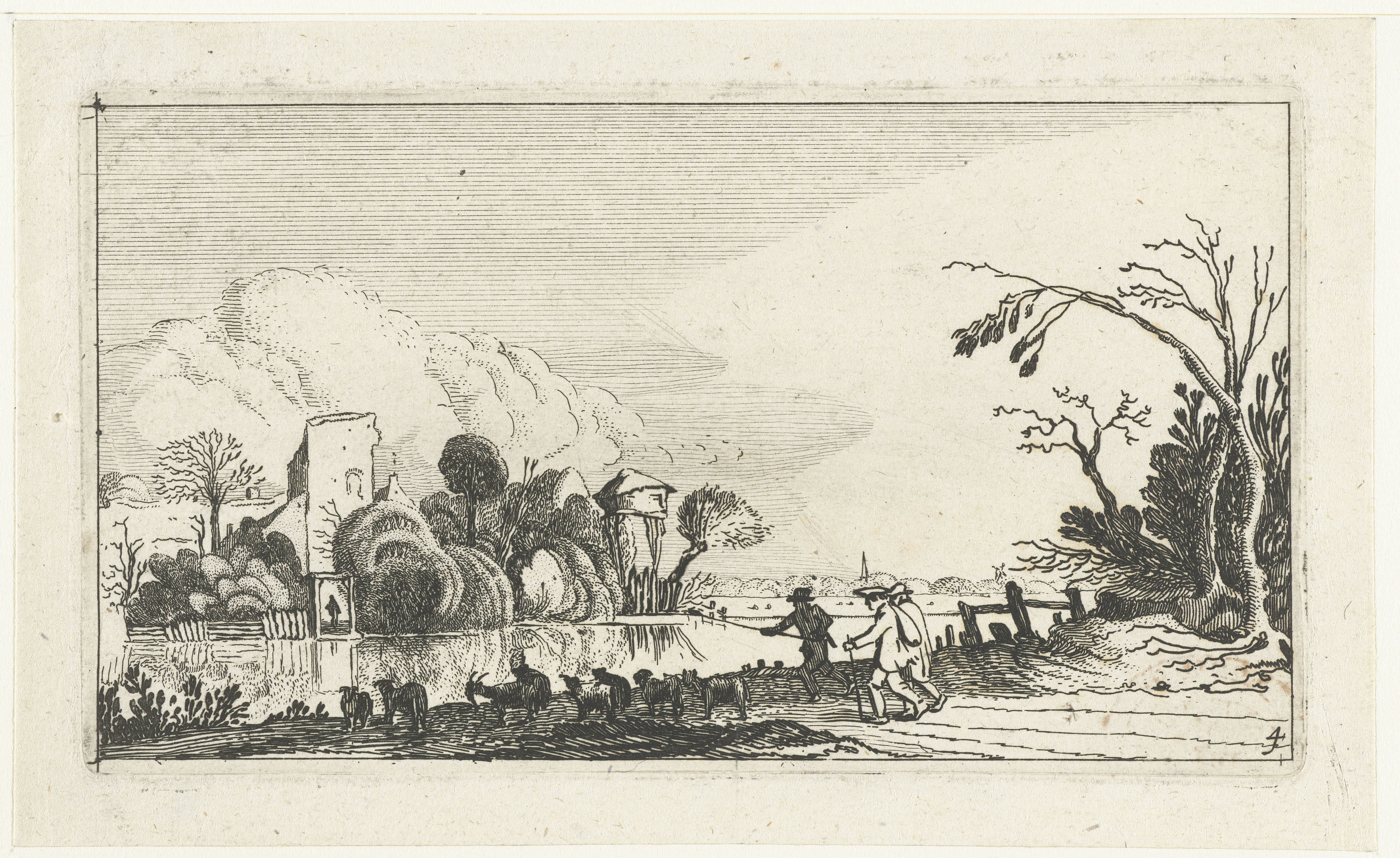 Herder met geiten en schapen bij een rivier