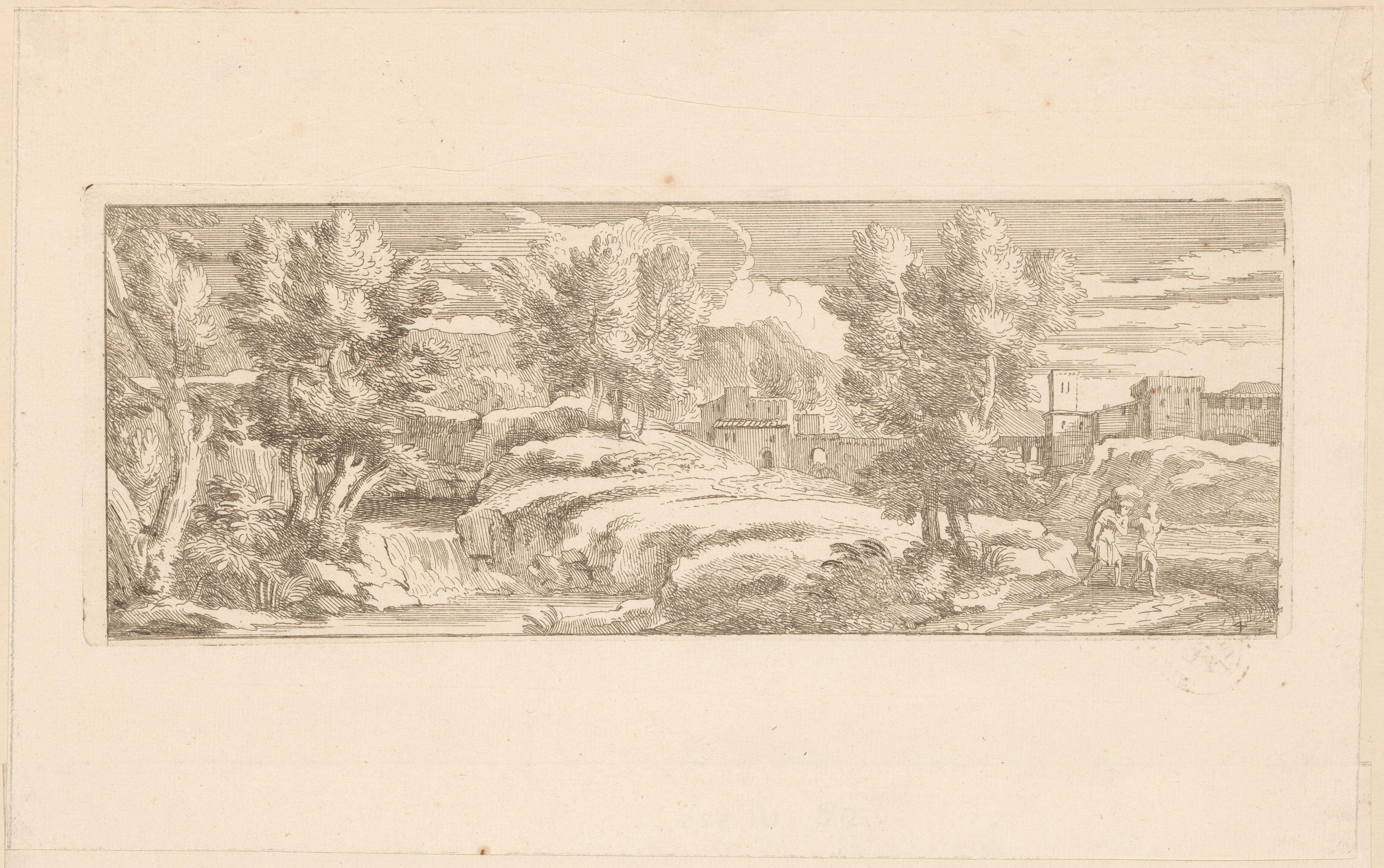 Rivierlandschap met twee wandelende figuren