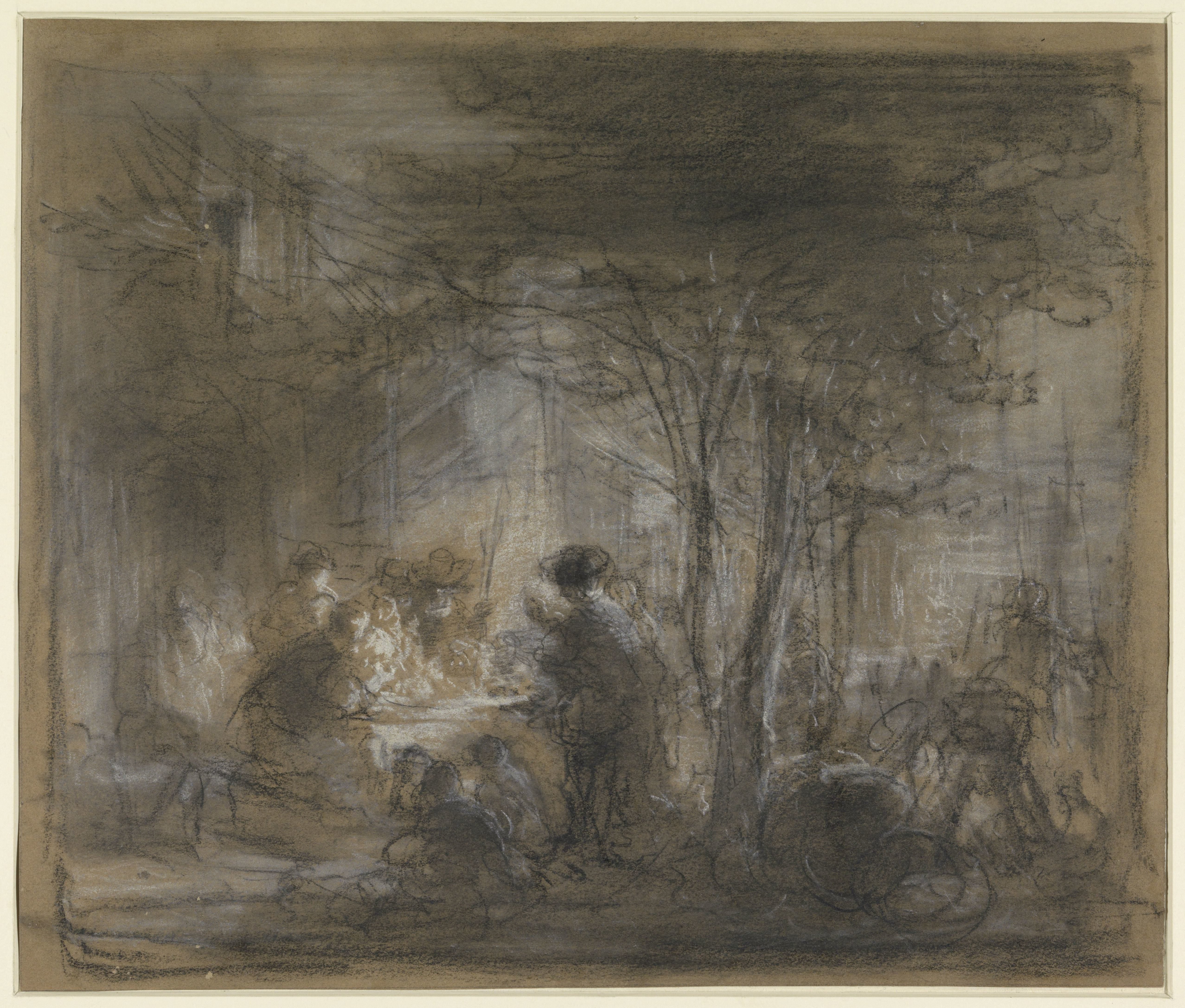 Gezelschap rond een tafel onder bomen