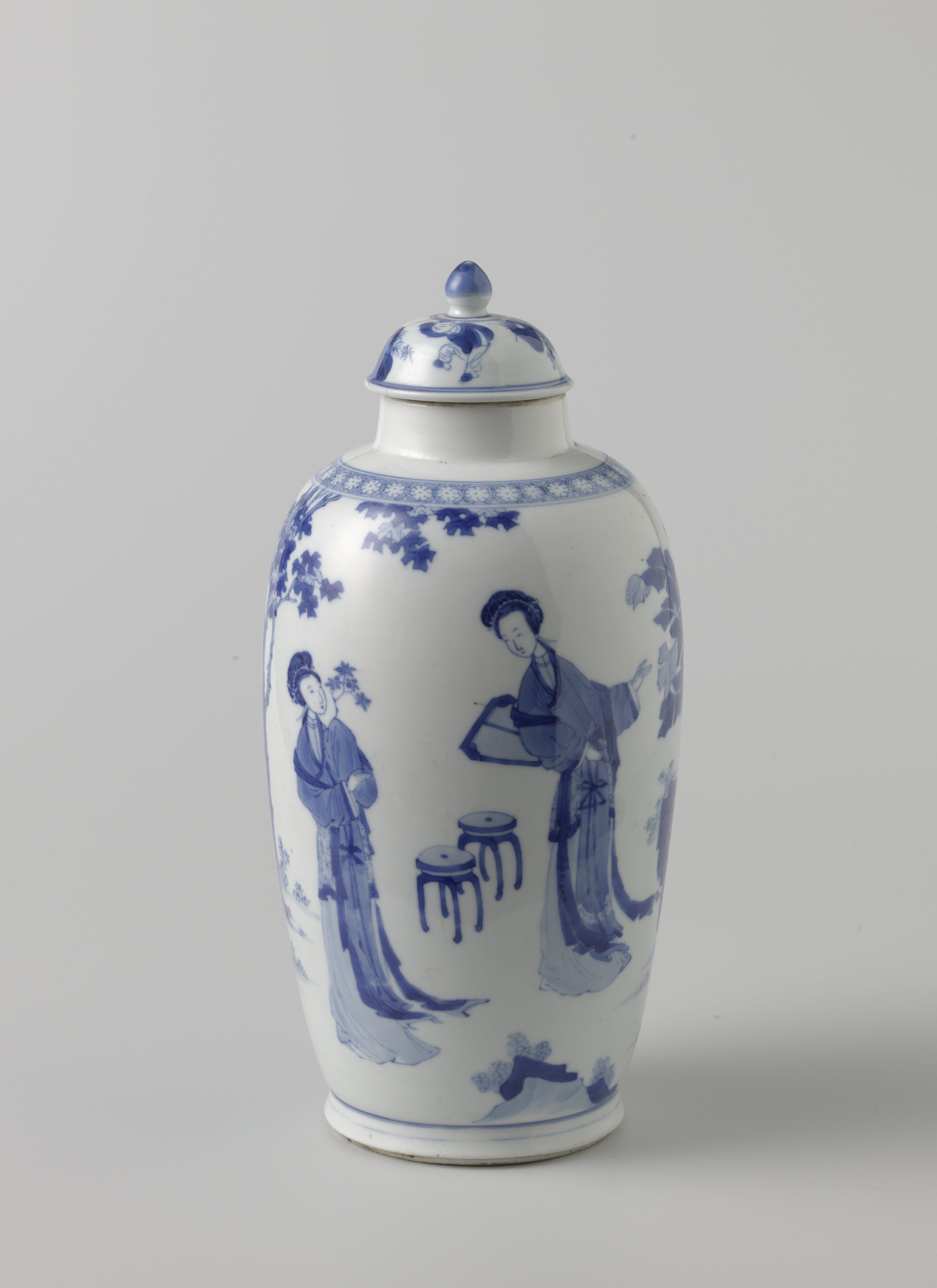 Ovoid covered jar with women in a garden
