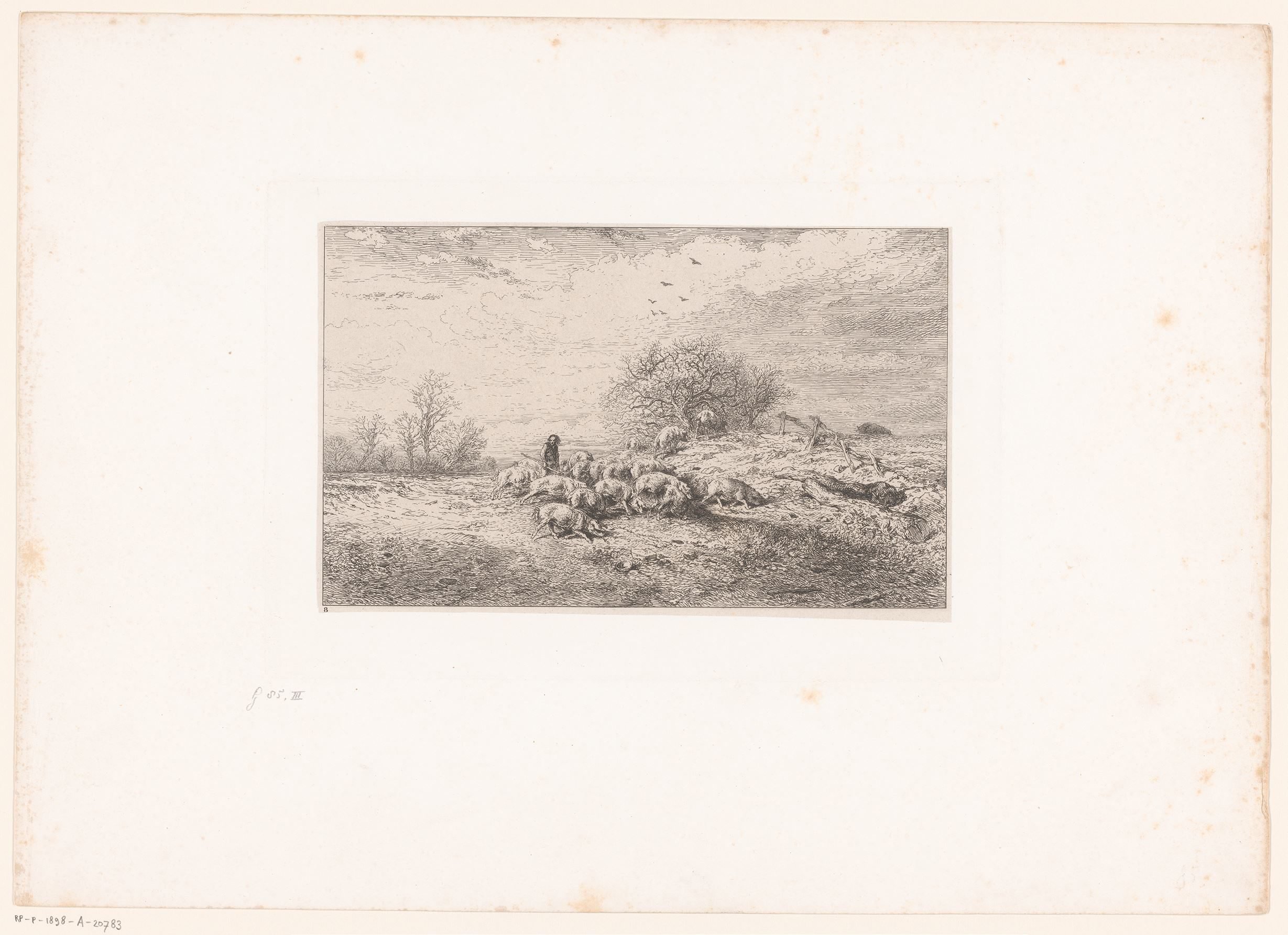 Boer met kudde varkens in een landschap