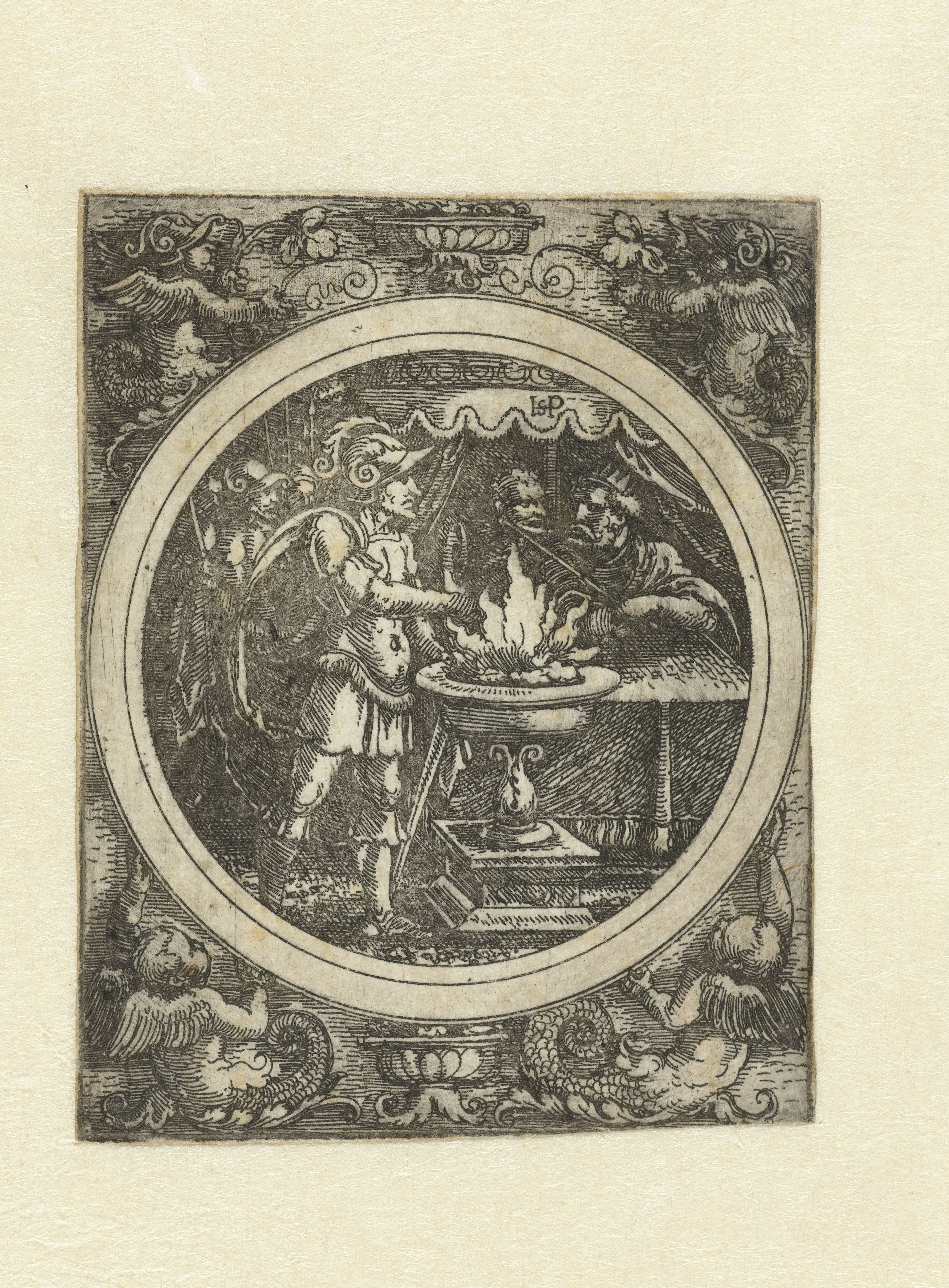 Mucius Scaevola met zijn rechterhand in het vuur