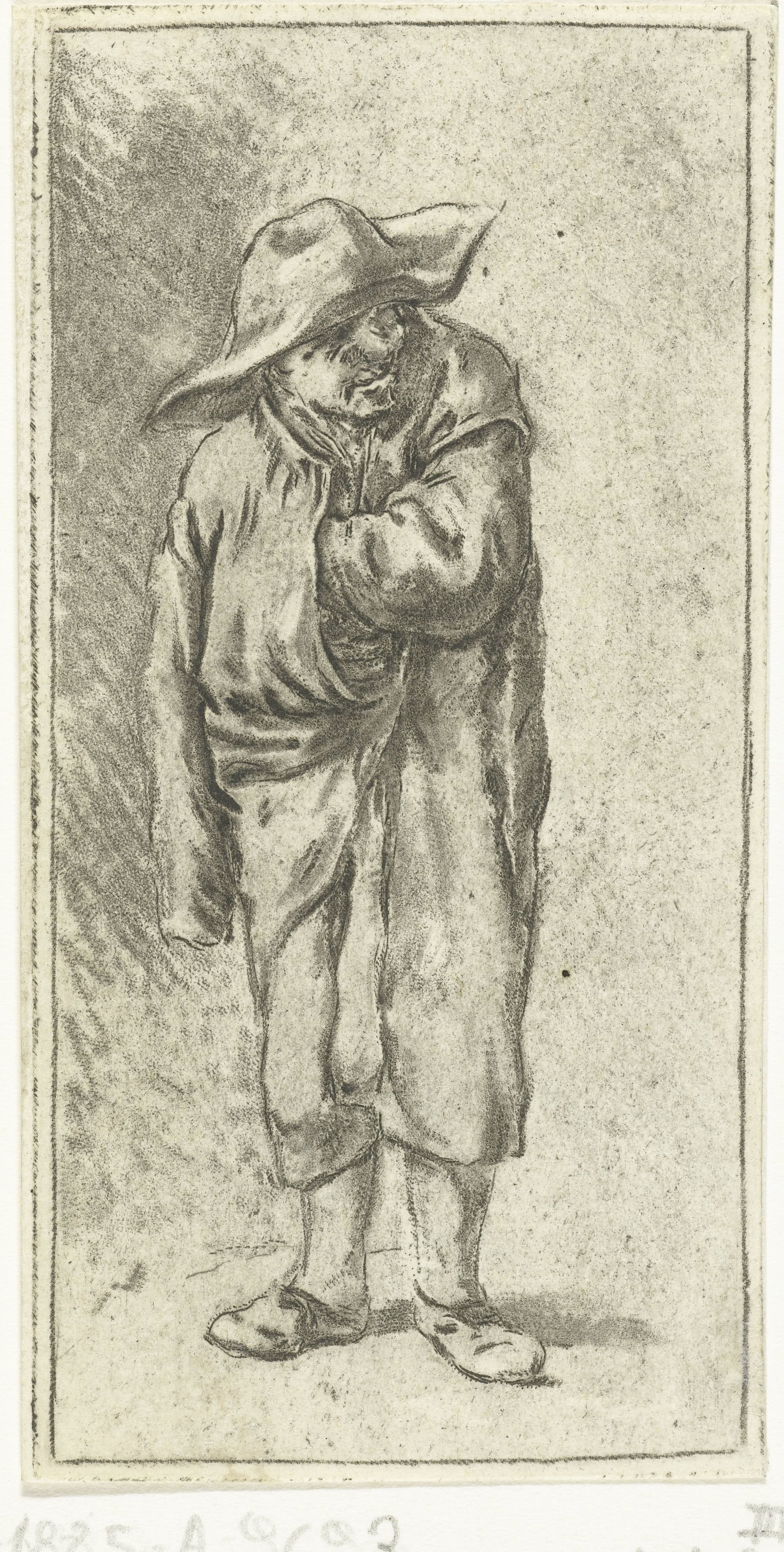 Staande boer met hand en arm in zijn mantel
