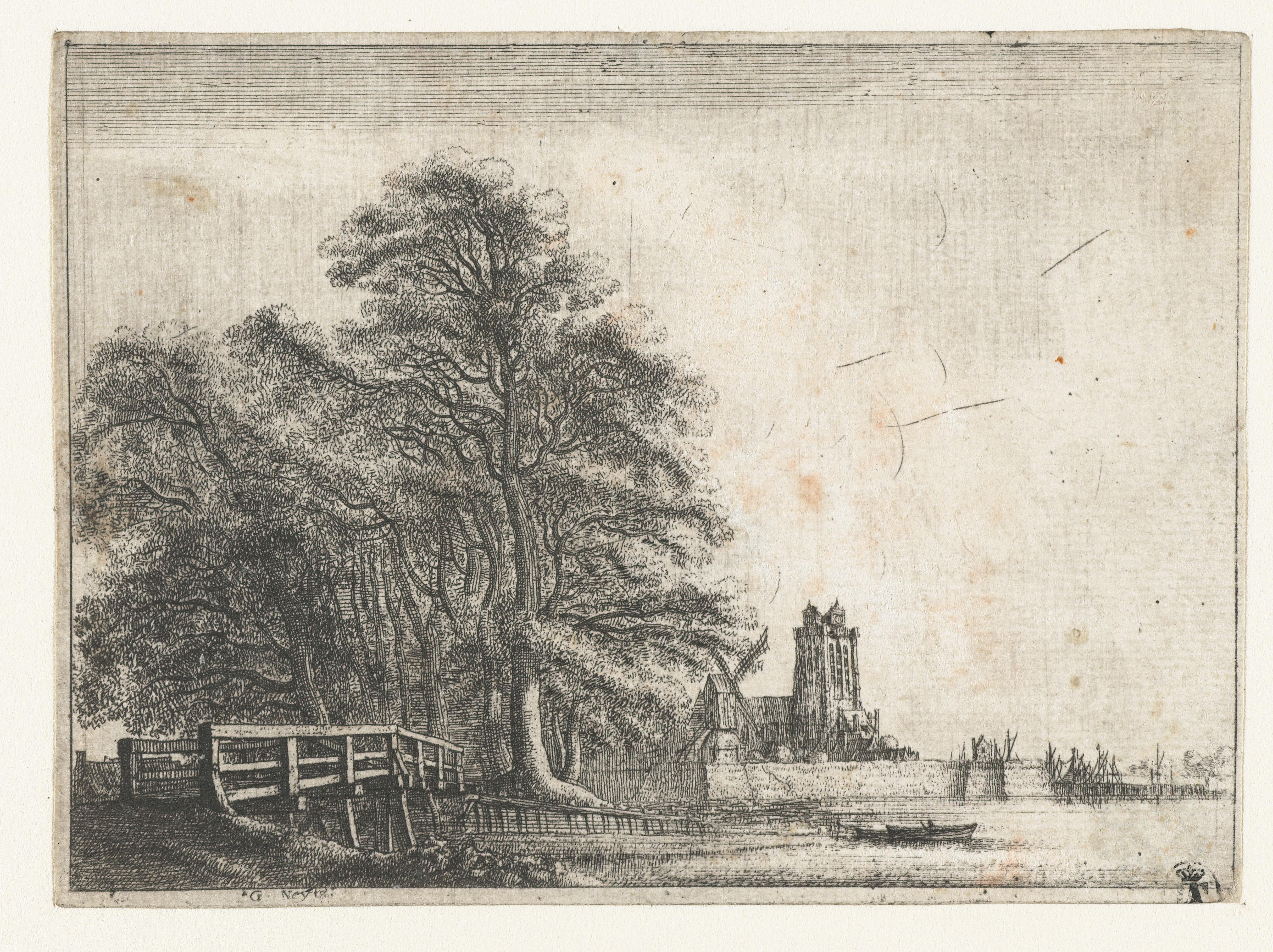 Landschap met gezicht op Dordrecht rechts