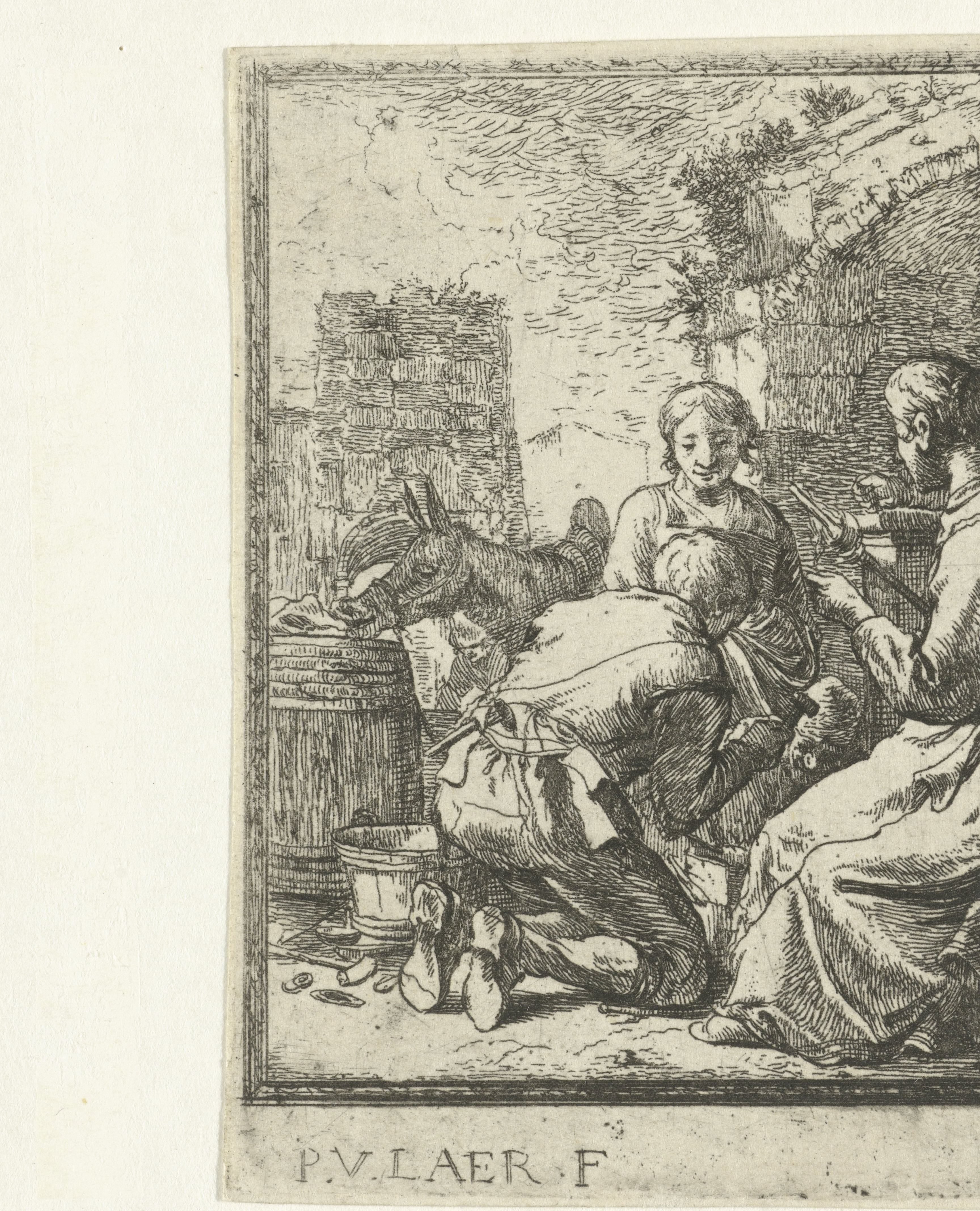 Vier figuren bij een vervallen gebouw