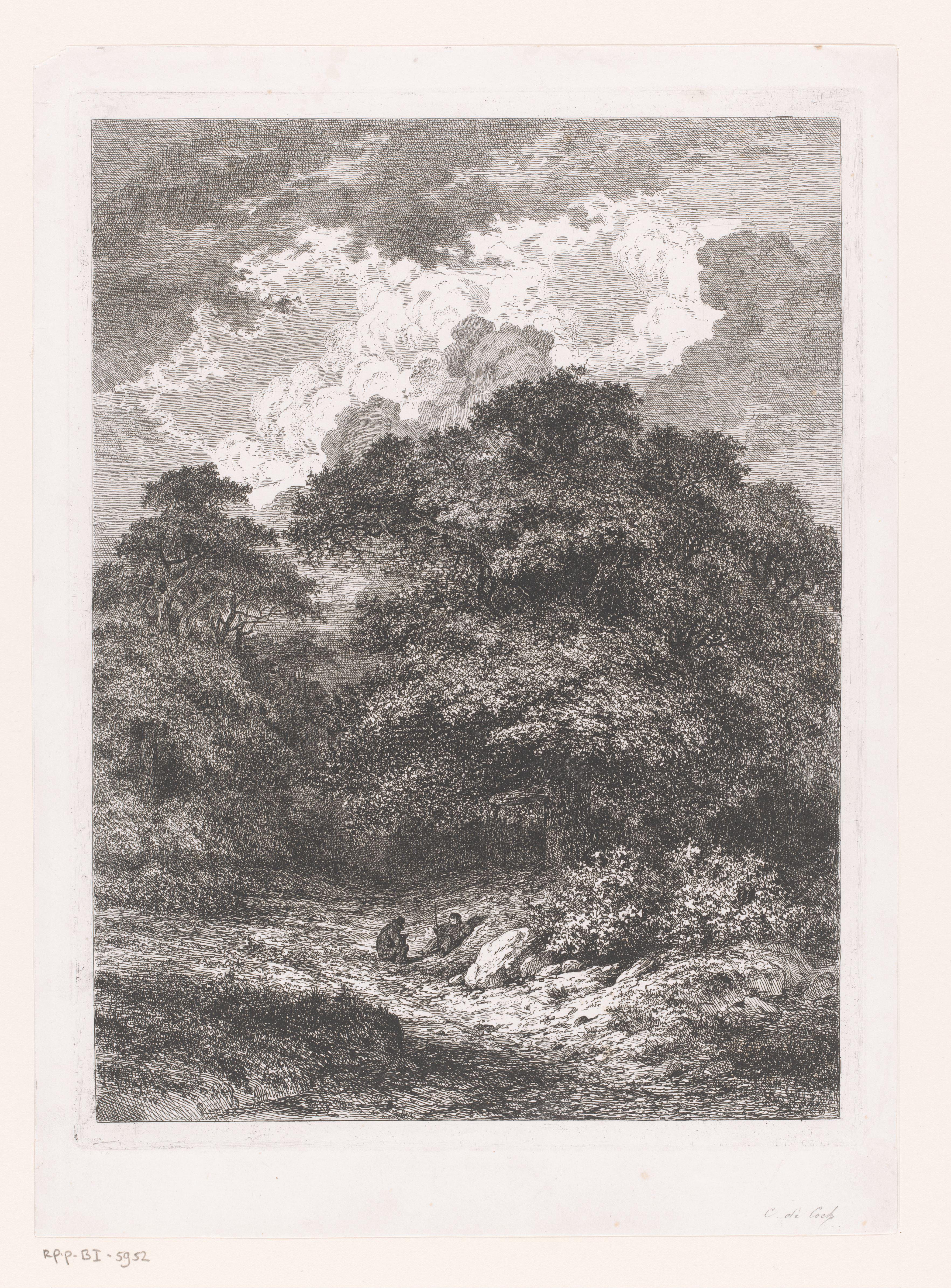 Landschap met twee rustende figuren voor een bos
