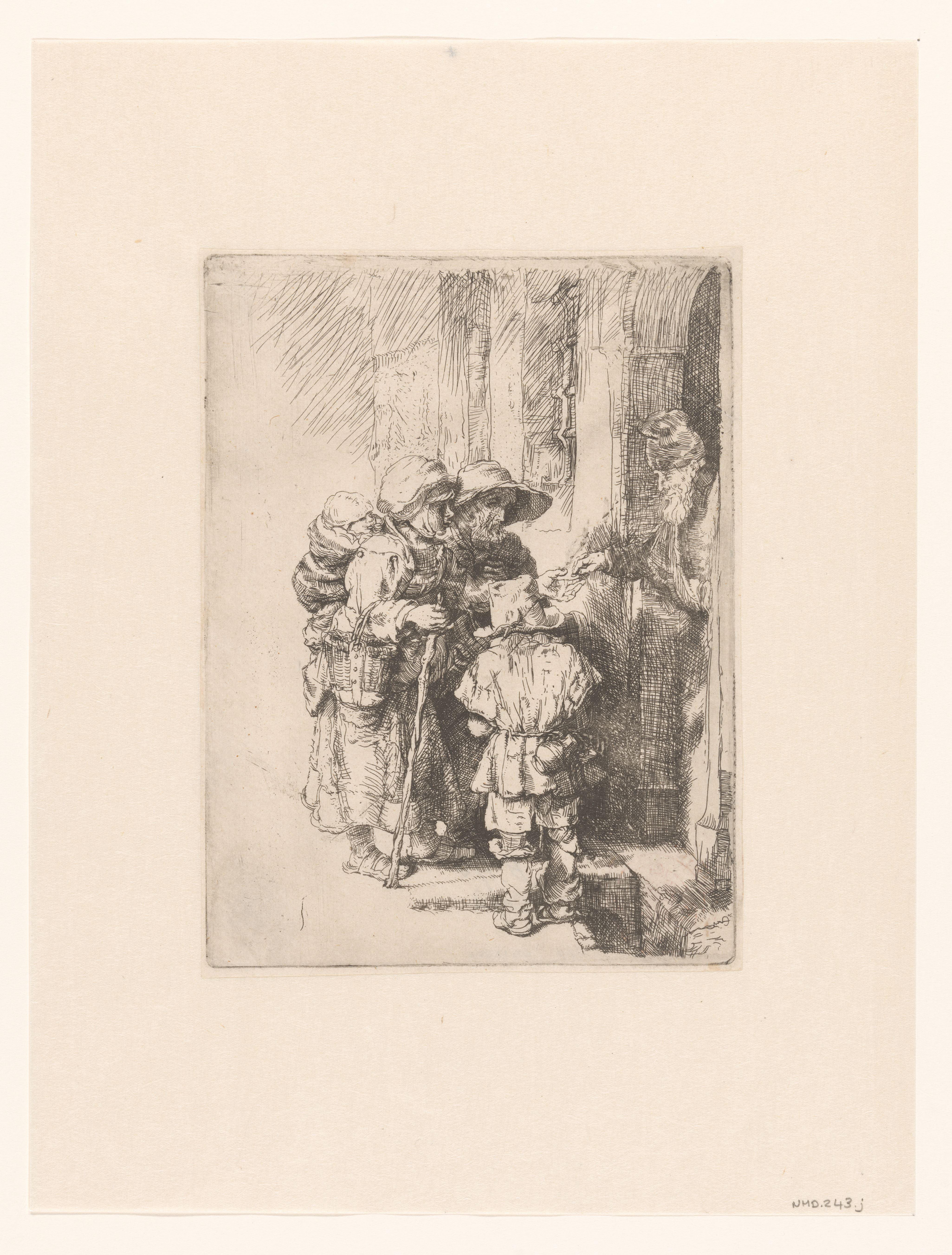 A blind hurdy-gurdy player and family receiving alms