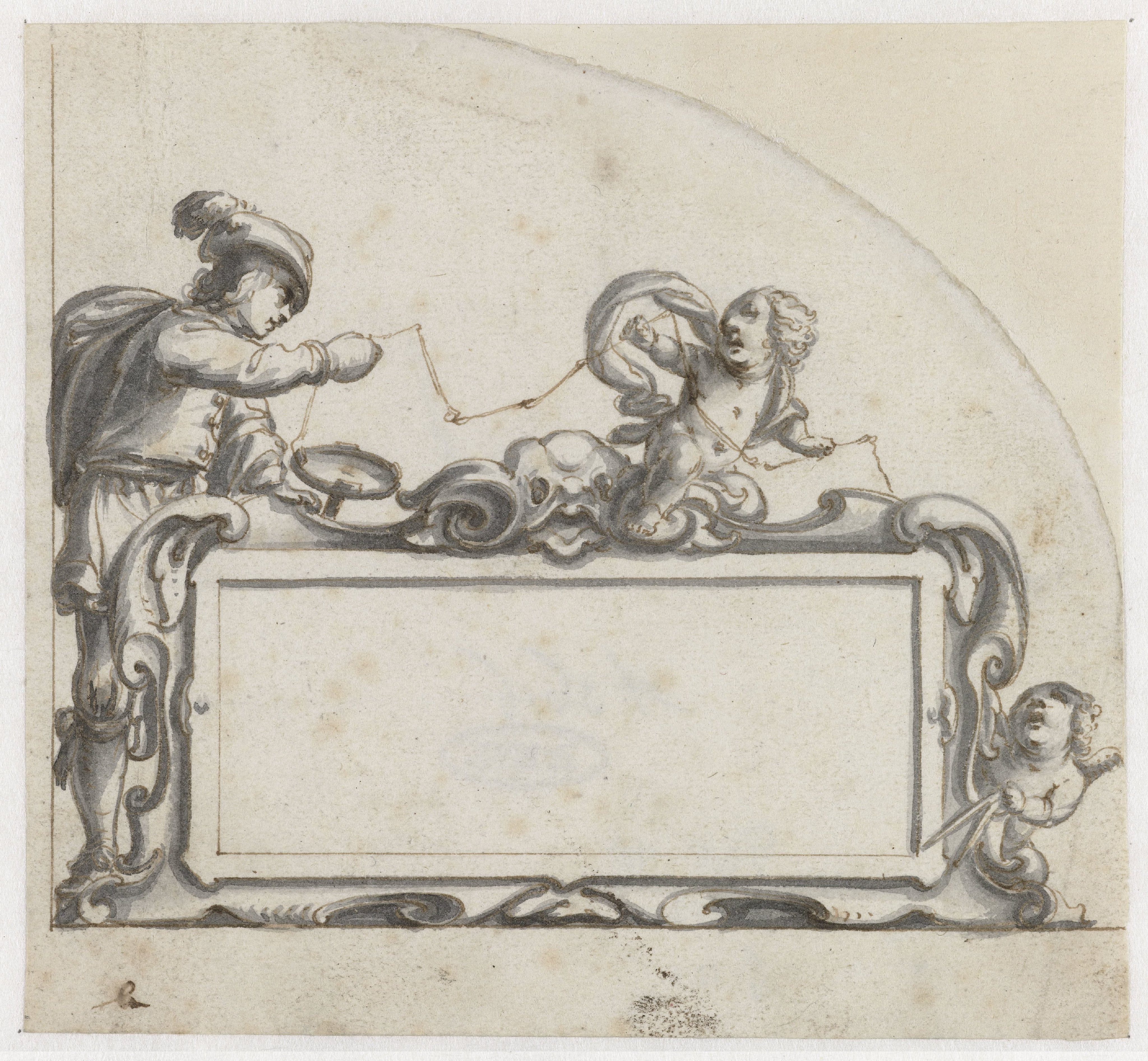 Cartouche omgeven door een man en twee putti