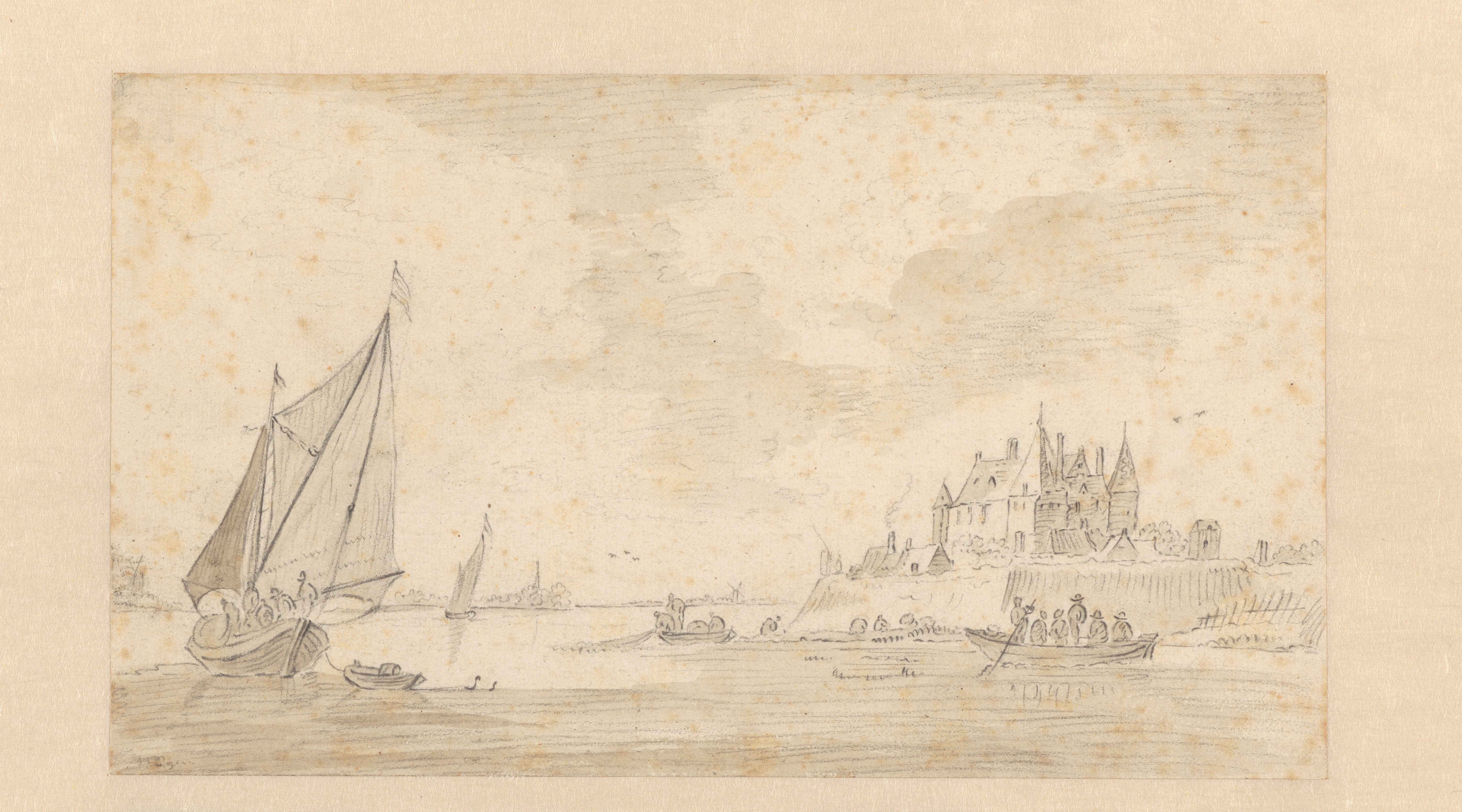 Rivierlandschap met kasteel (Loevestein?)