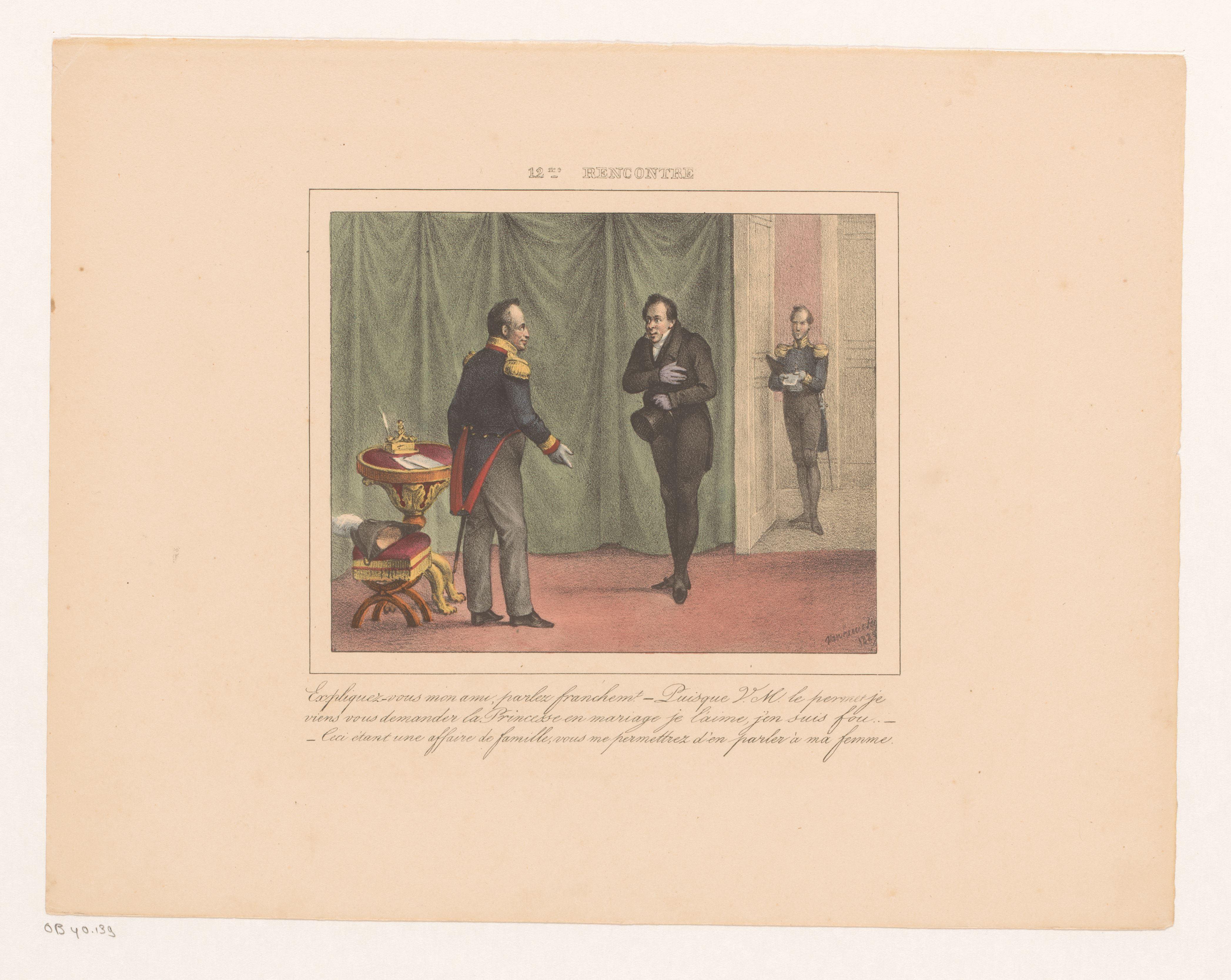 Koning Willem I ontvangt een jongeman die om de hand van zijn dochter vraagt, 1829