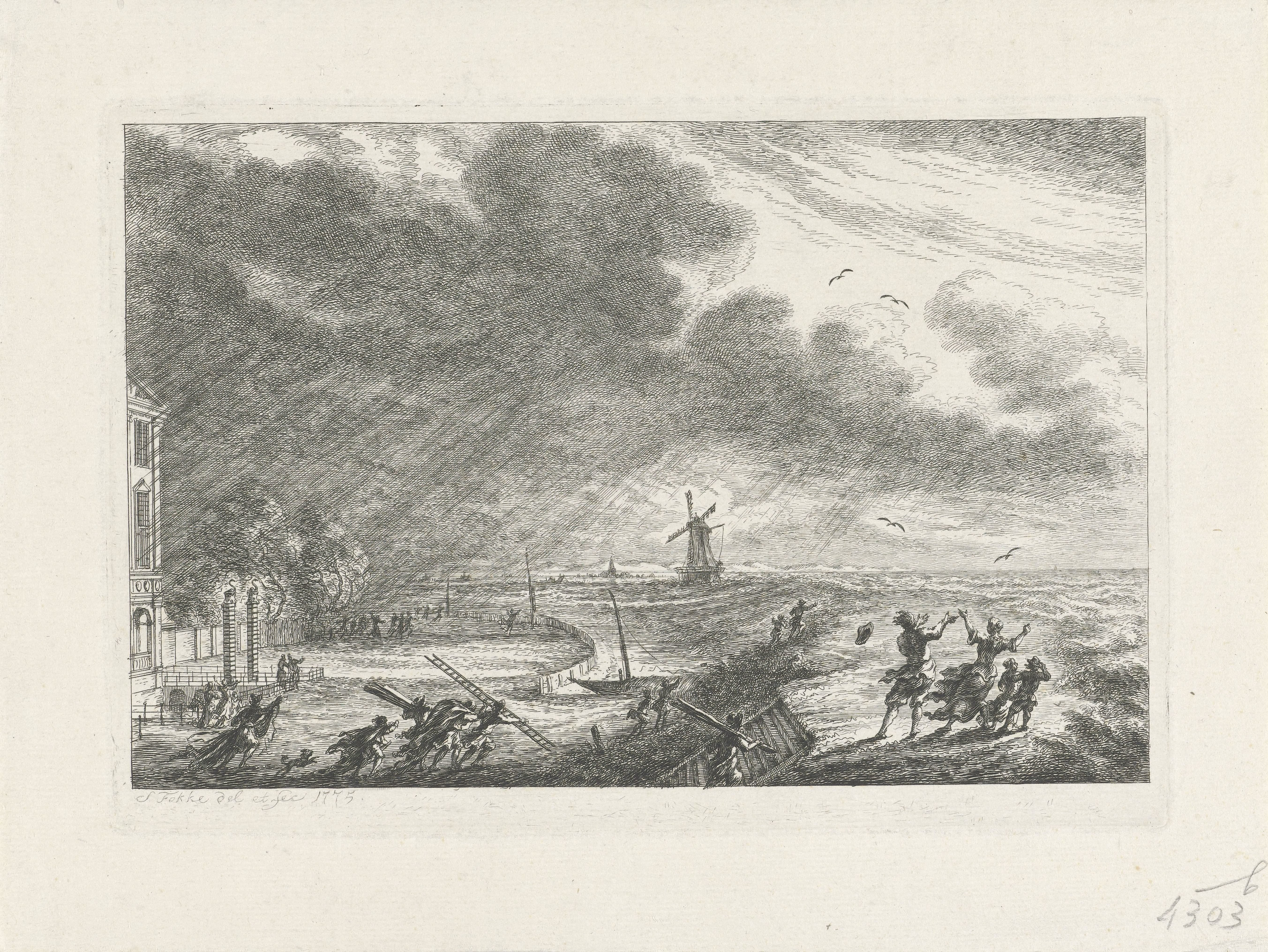 Gezicht op het Huis Zwanenburg bij hevige storm en watersnood, 1775
