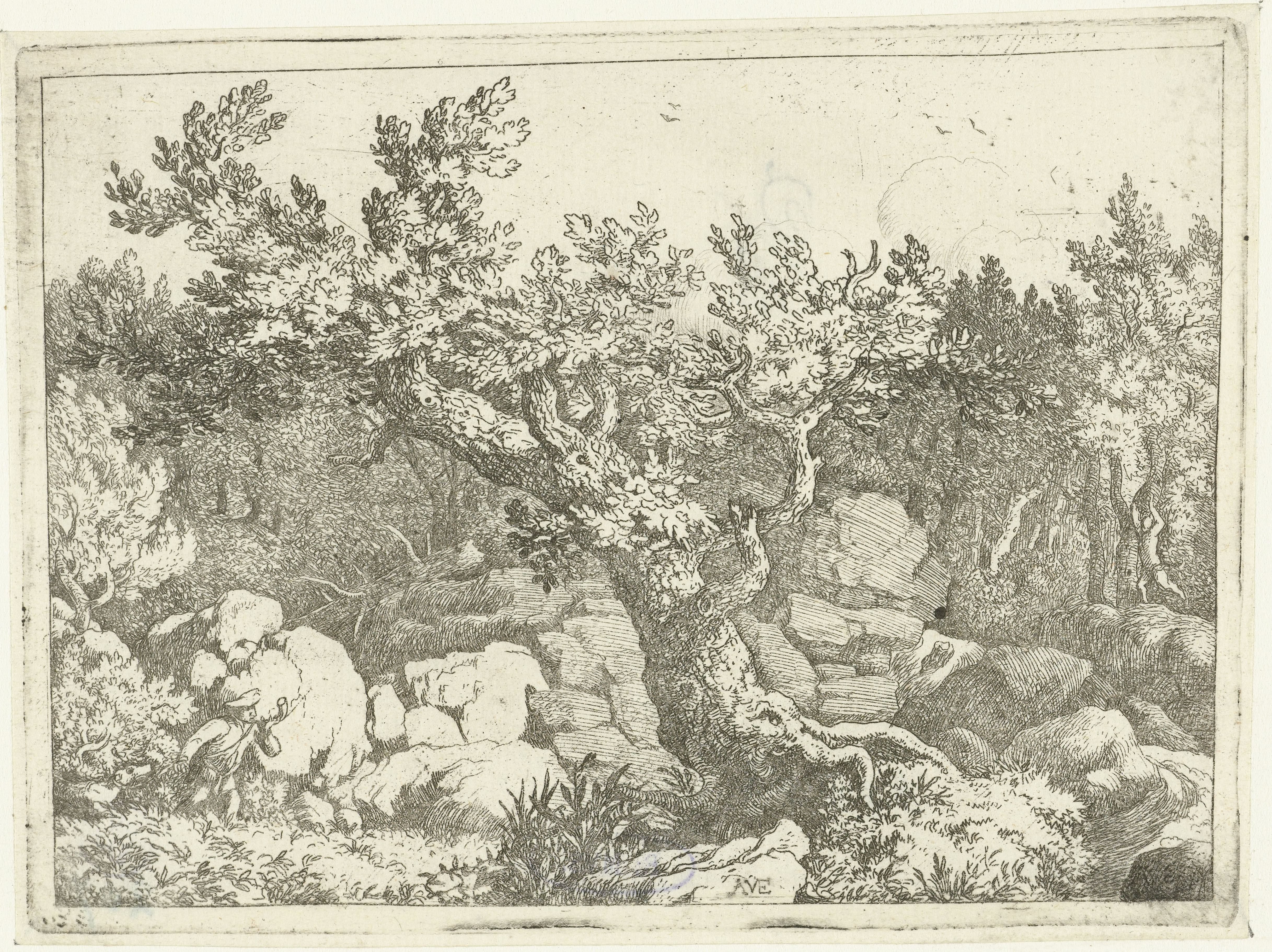 Landschap met jager bij grote boom