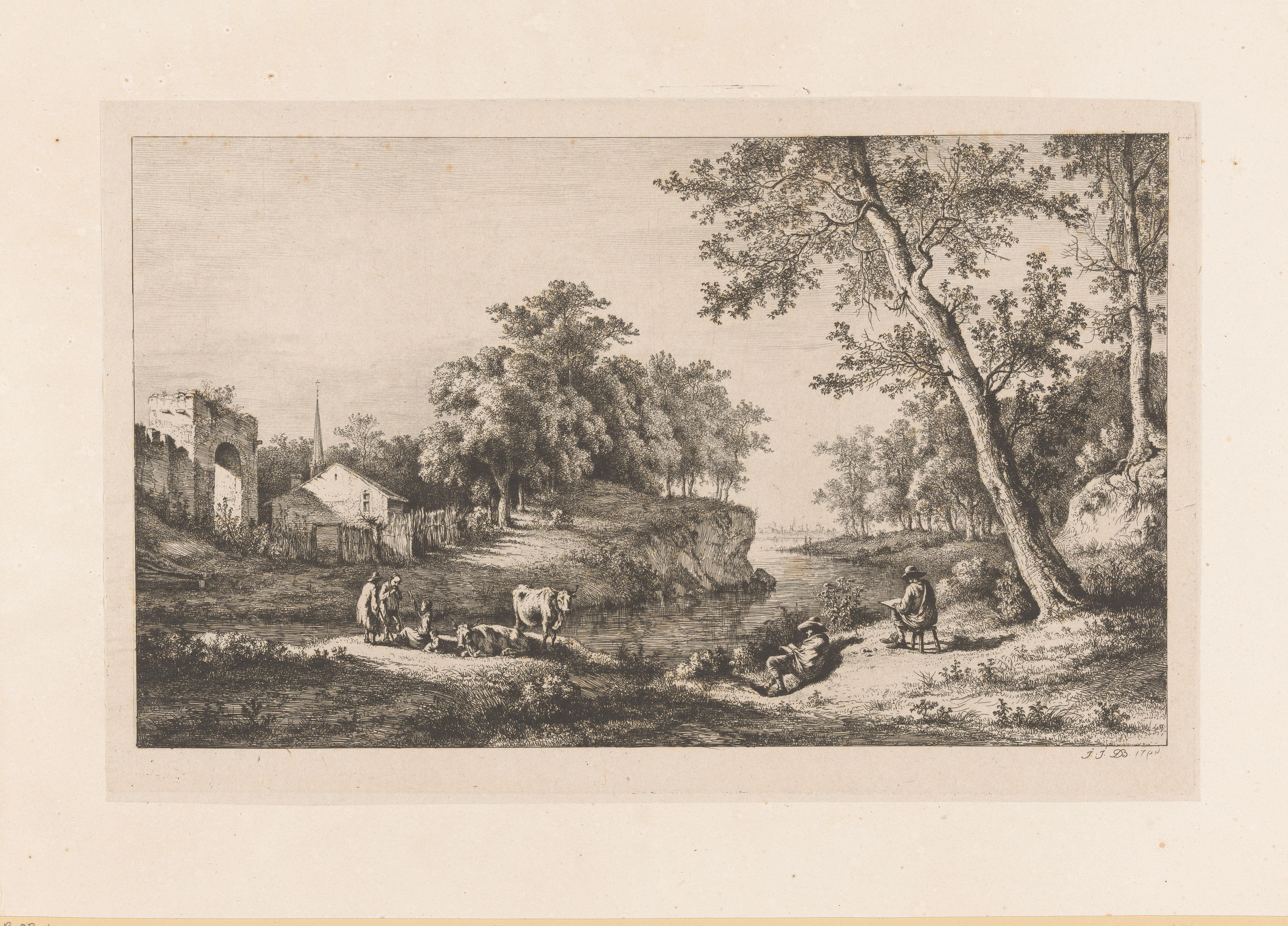 Figuren aan een rivier bij een vervallen poort