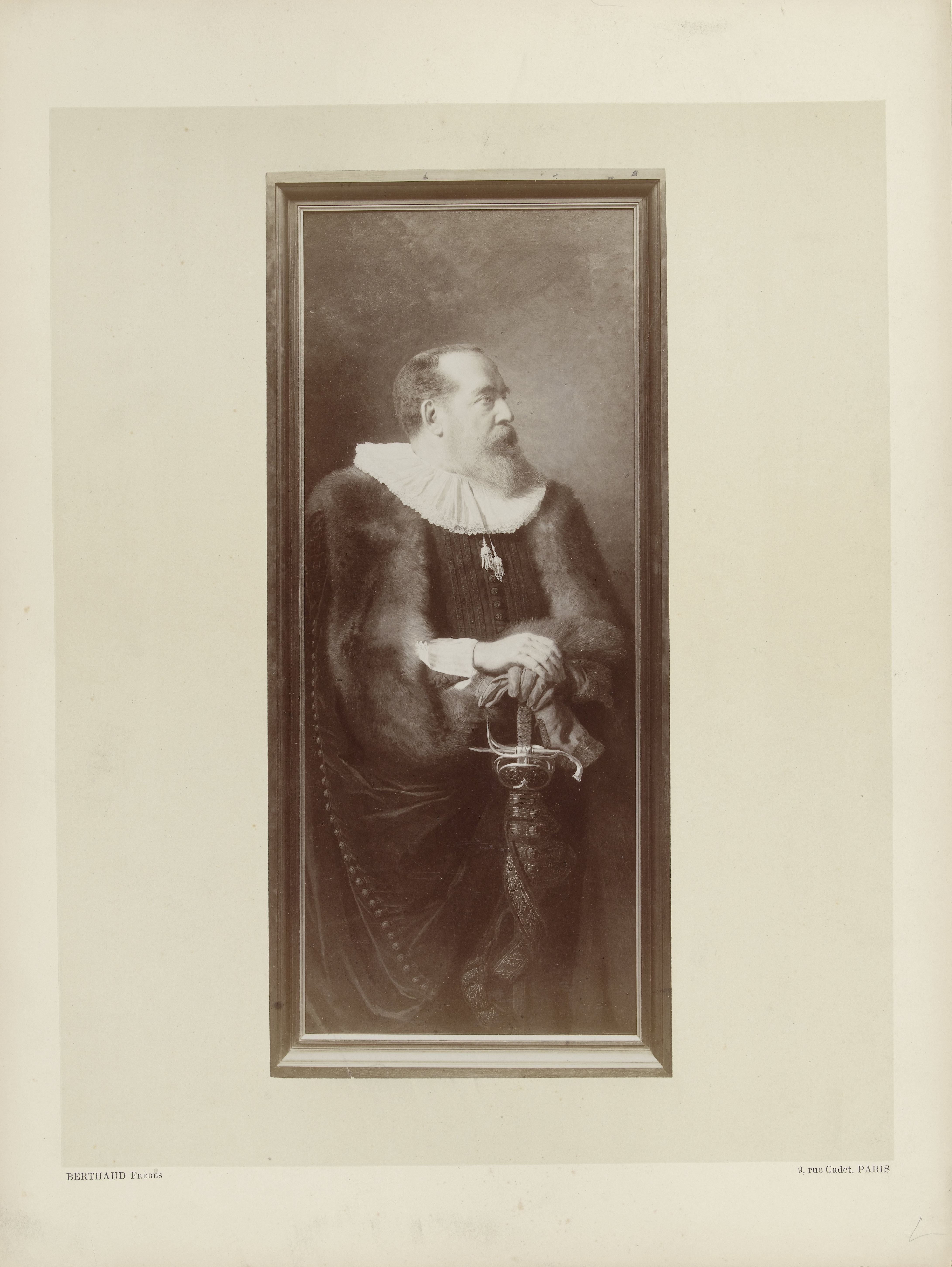 Fotoreproductie van een geschilderd portret van graaf Andrzej Jerzy Mniszech in zeventiende-eeuws kostuum