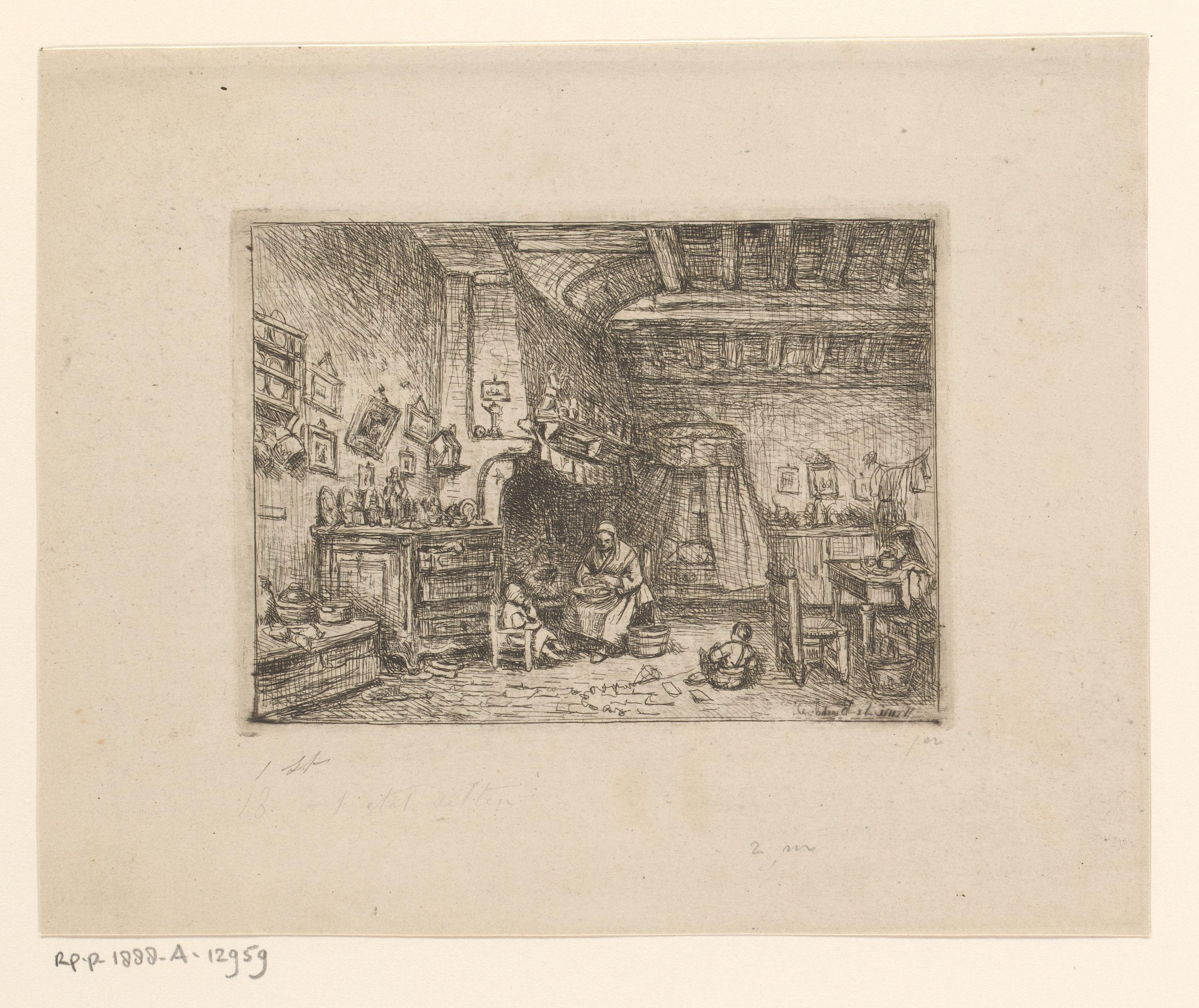 Interieur met een vrouw en twee kinderen