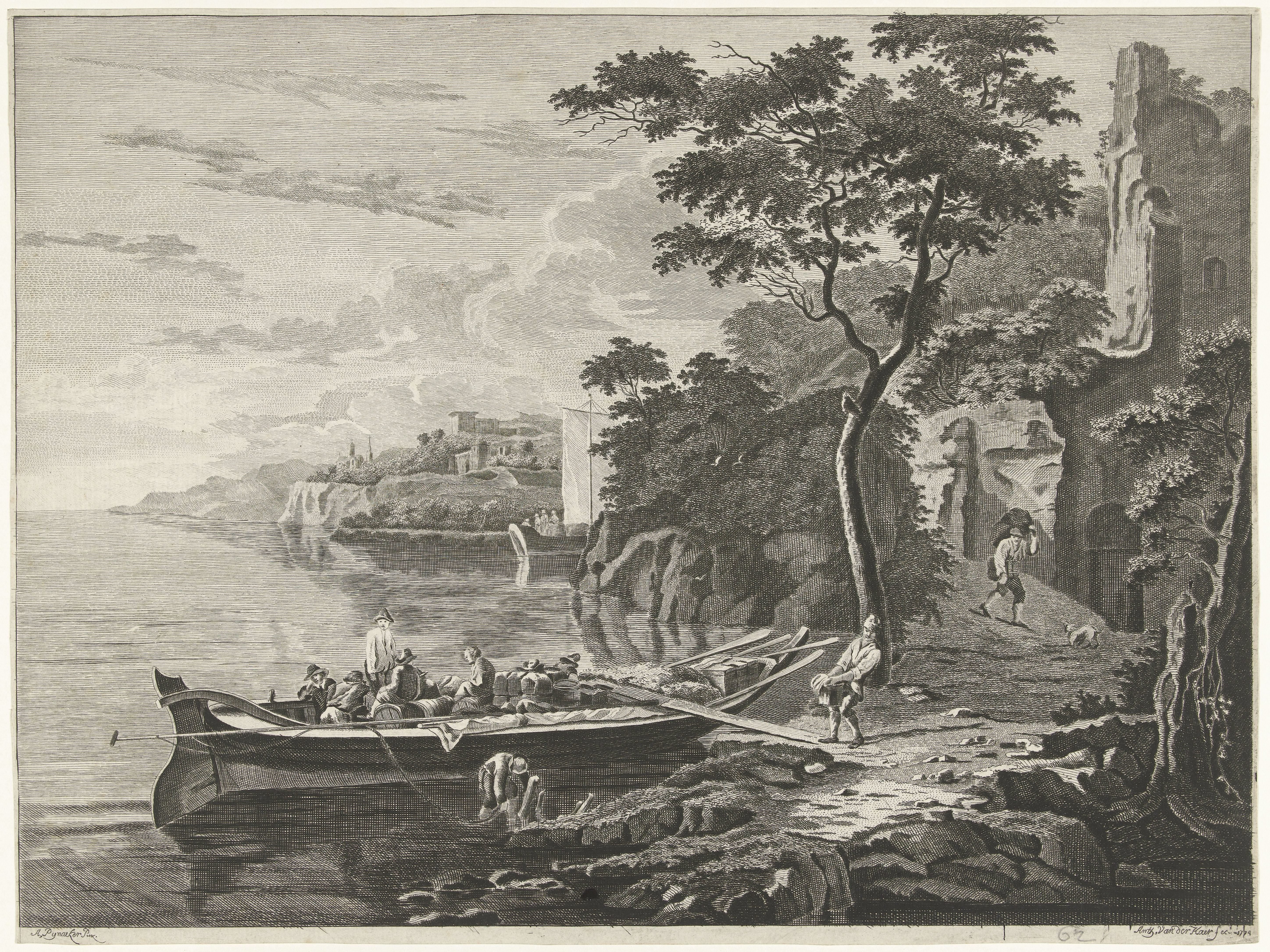 Figuren bij een schuit in een berglandschap
