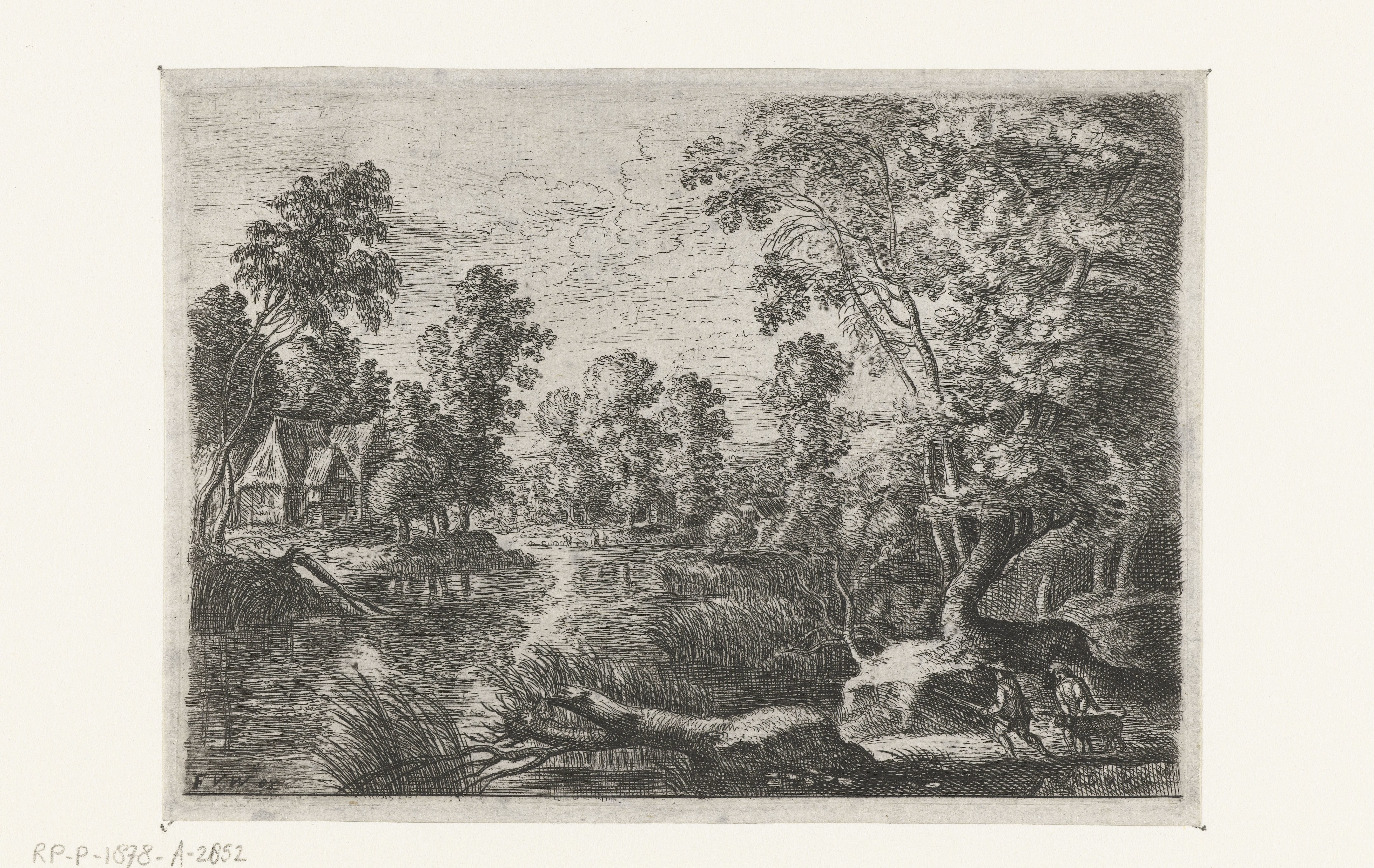 Landschap met een beek en een jager