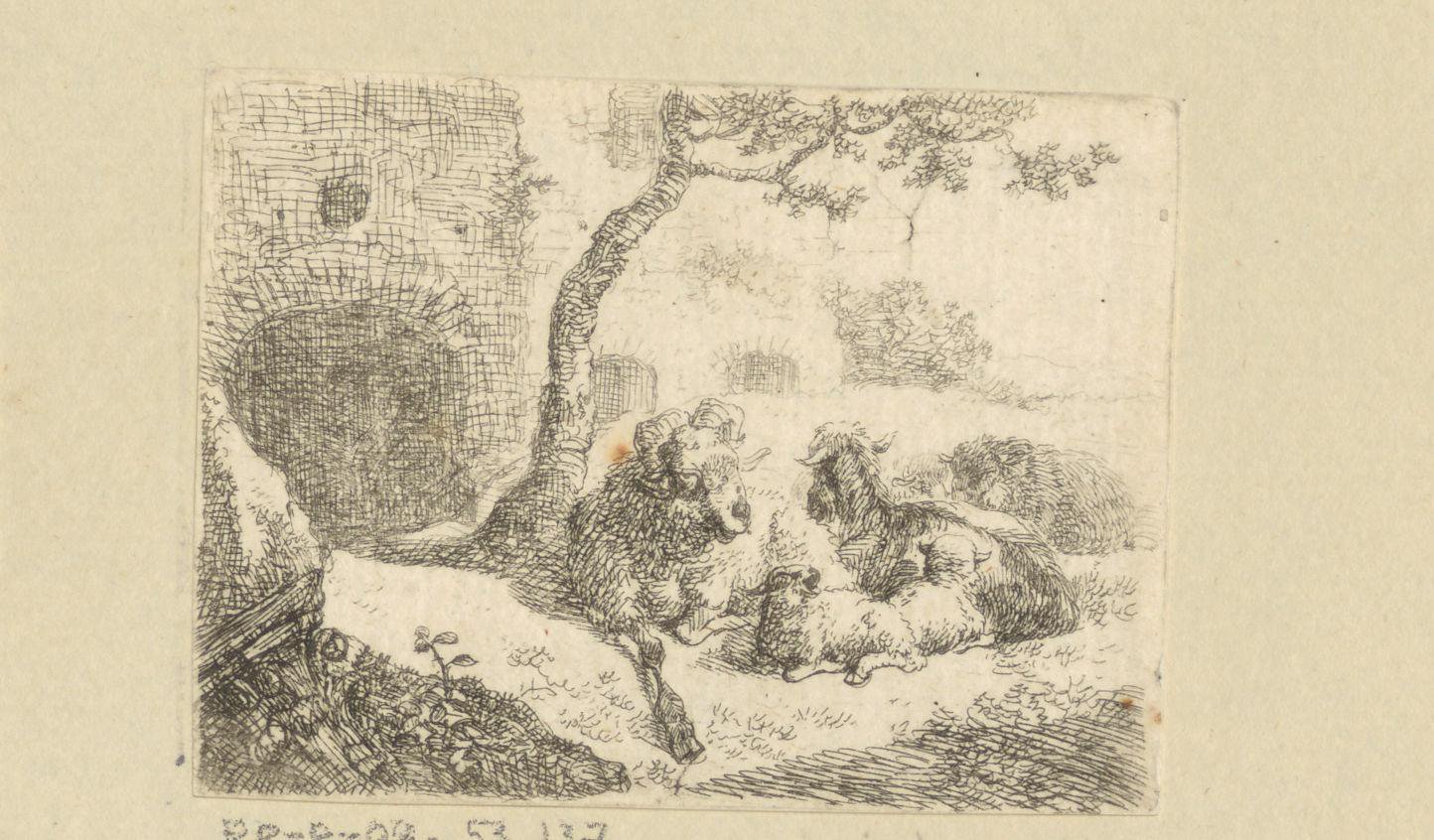 Landschap met ruïne en liggende ram en schapen