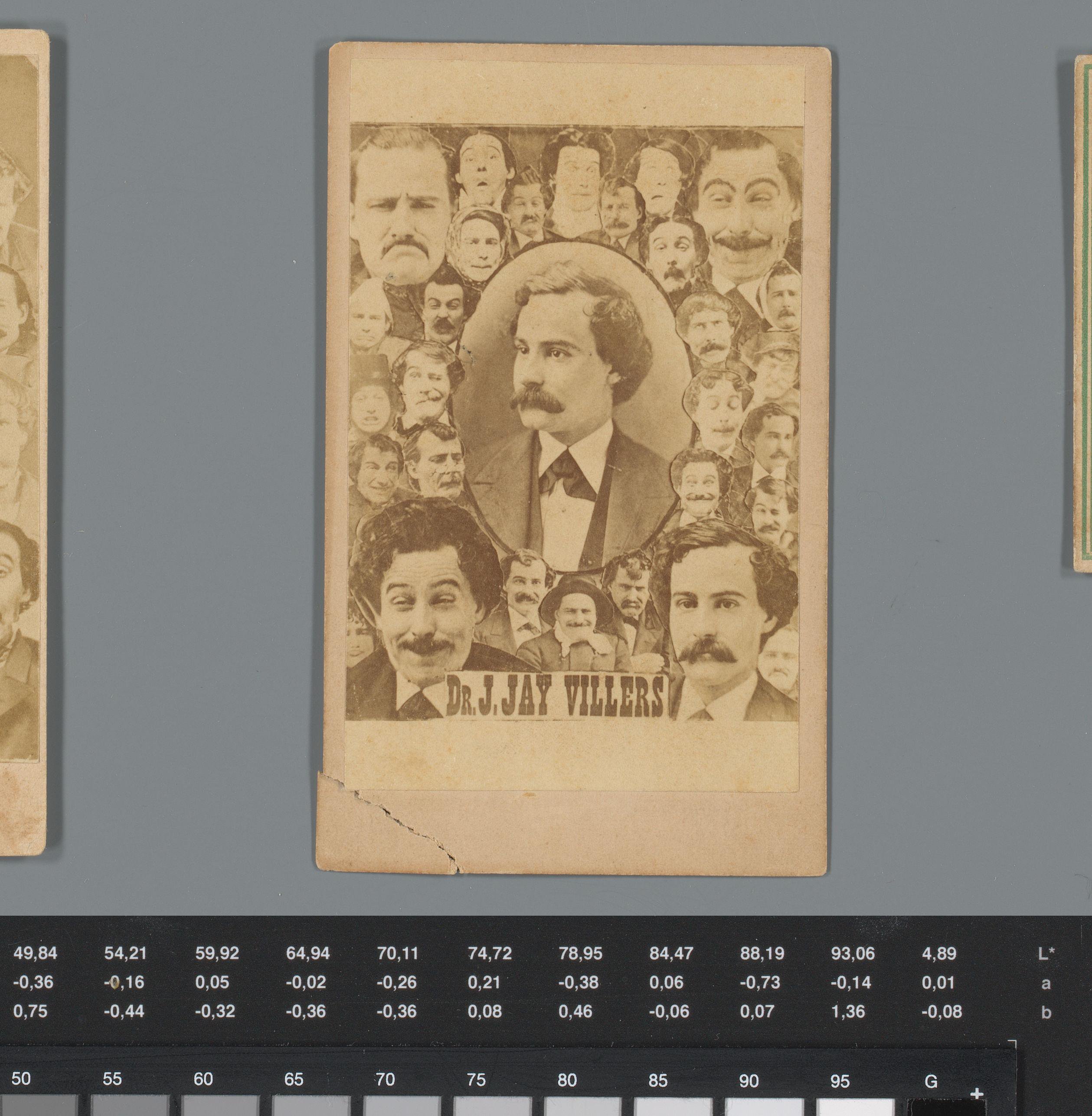 Reclame voor voorstellingen van komiek Joseph Jay Villers met een collage van zijn portretten