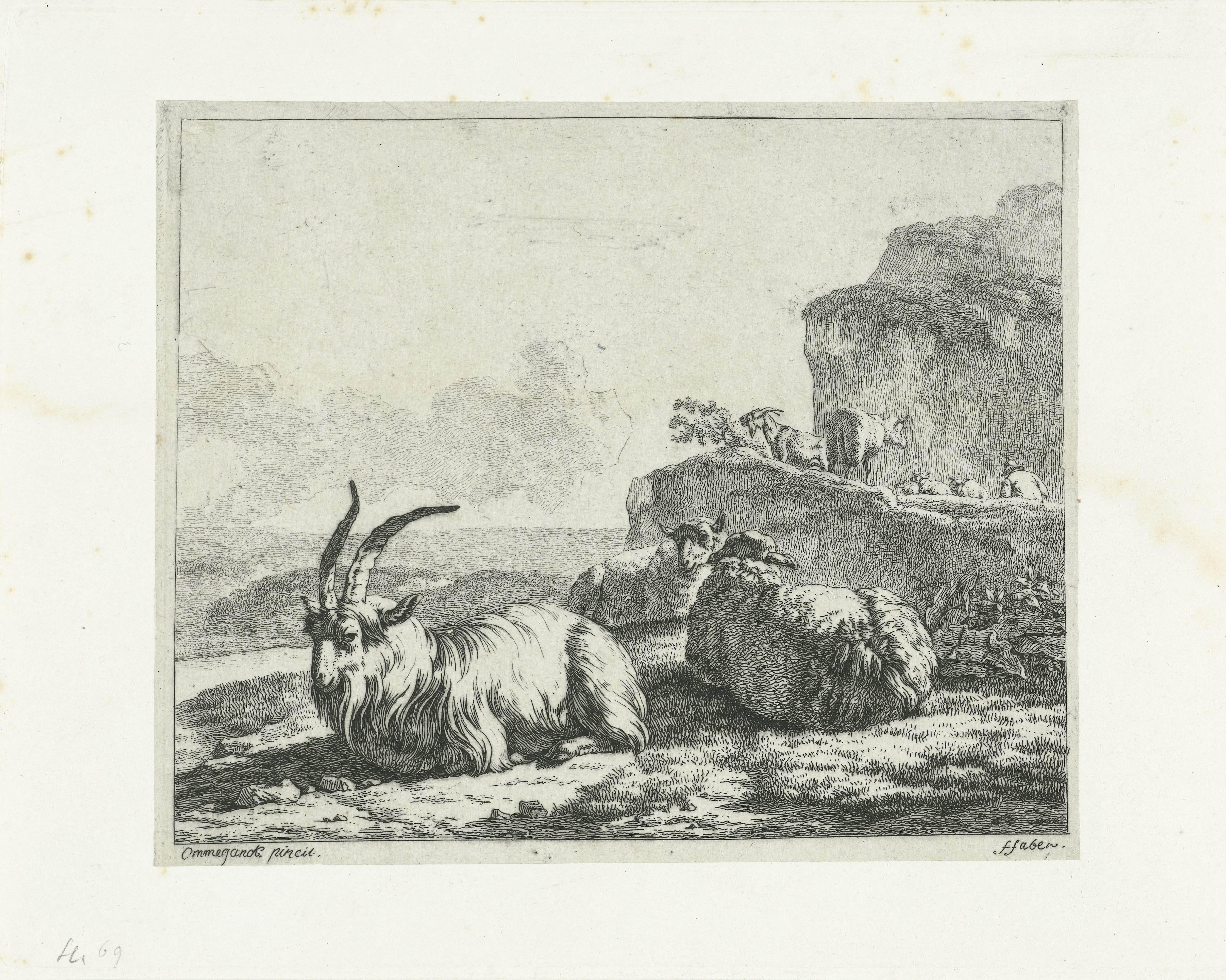 Landschap met bok en twee schapen