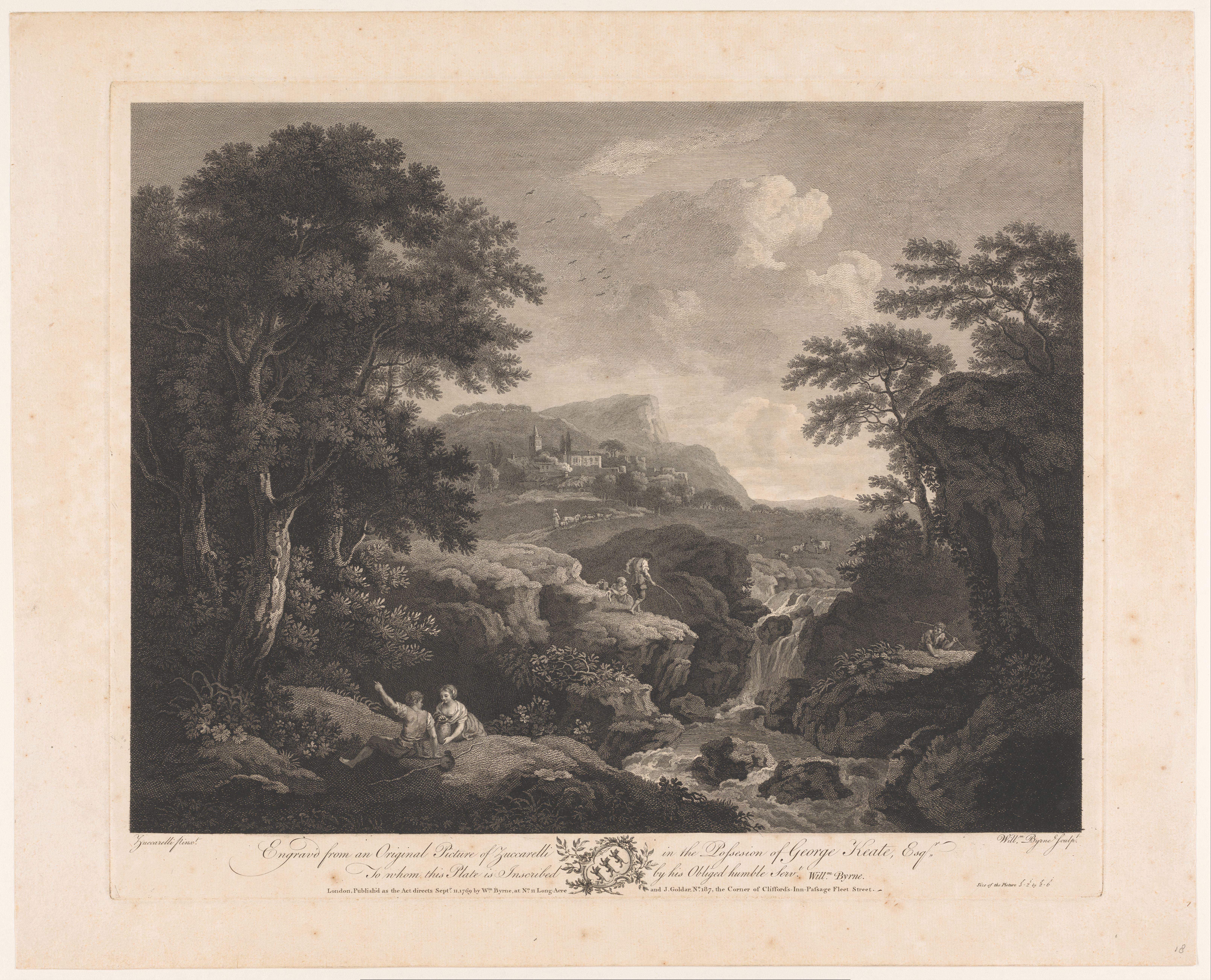 Landschap met vissers bij een waterval