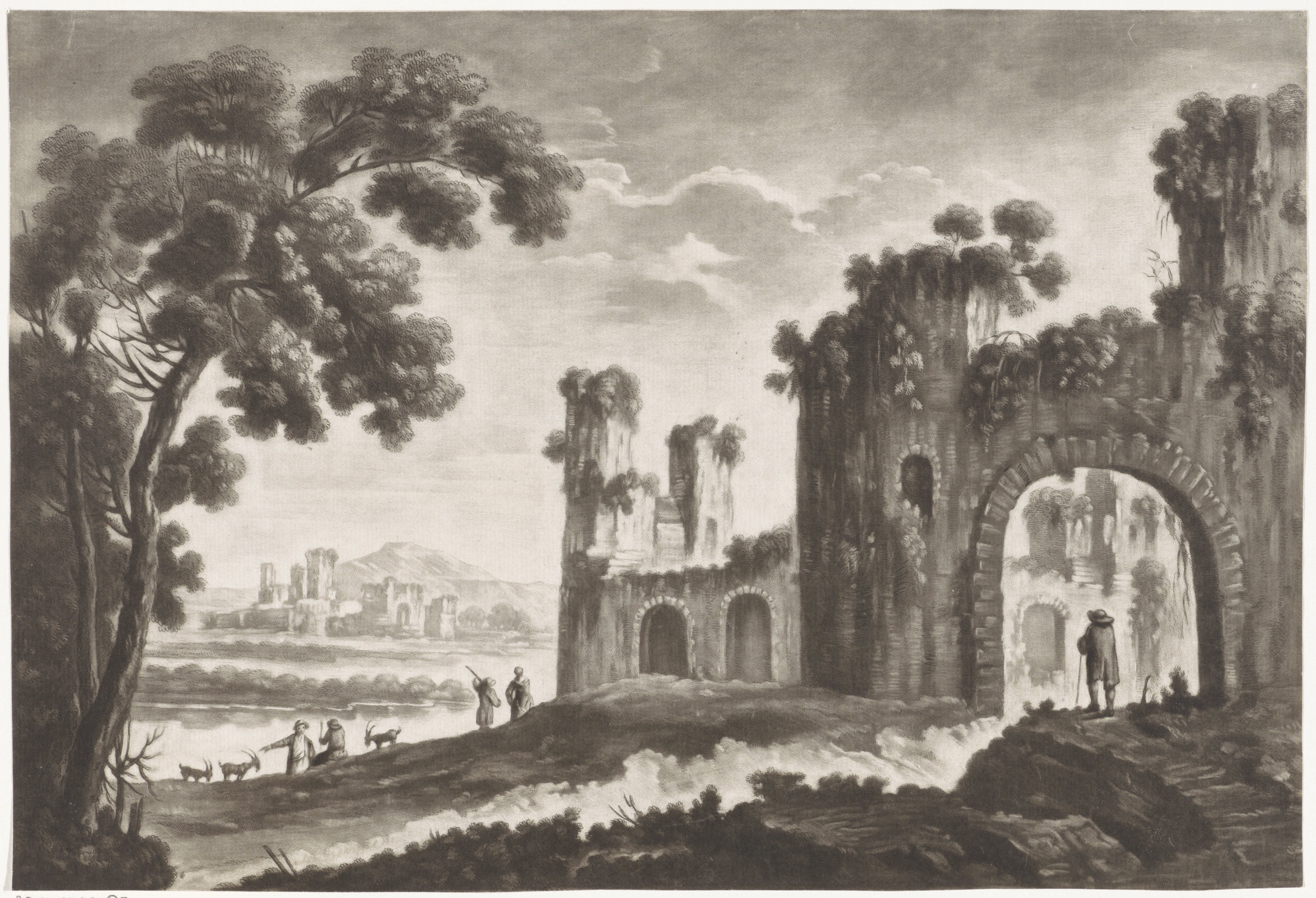 Landschap met ruïnes, herders en wandelaars