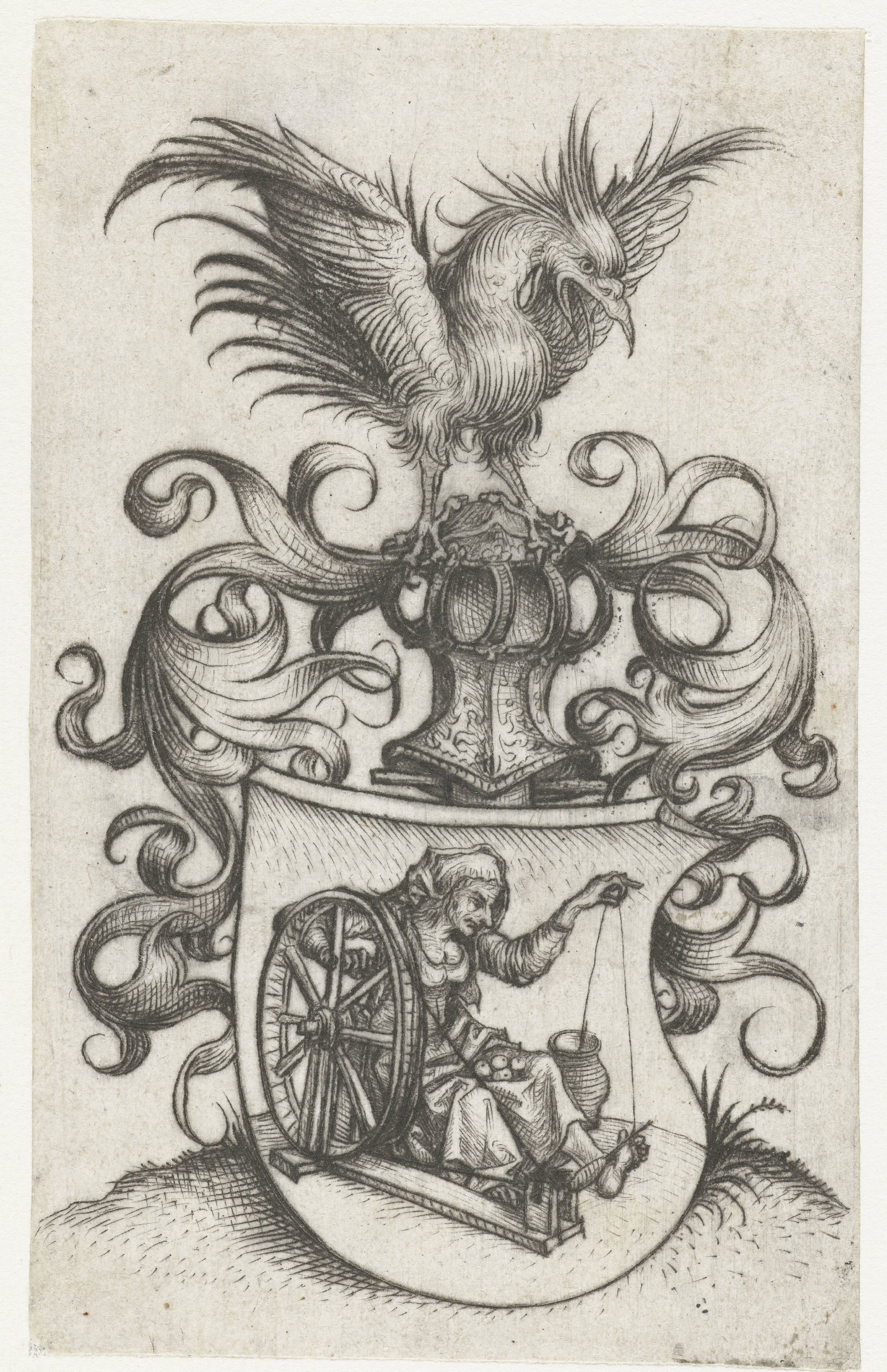 Wapenschild met oude twijnende vrouw