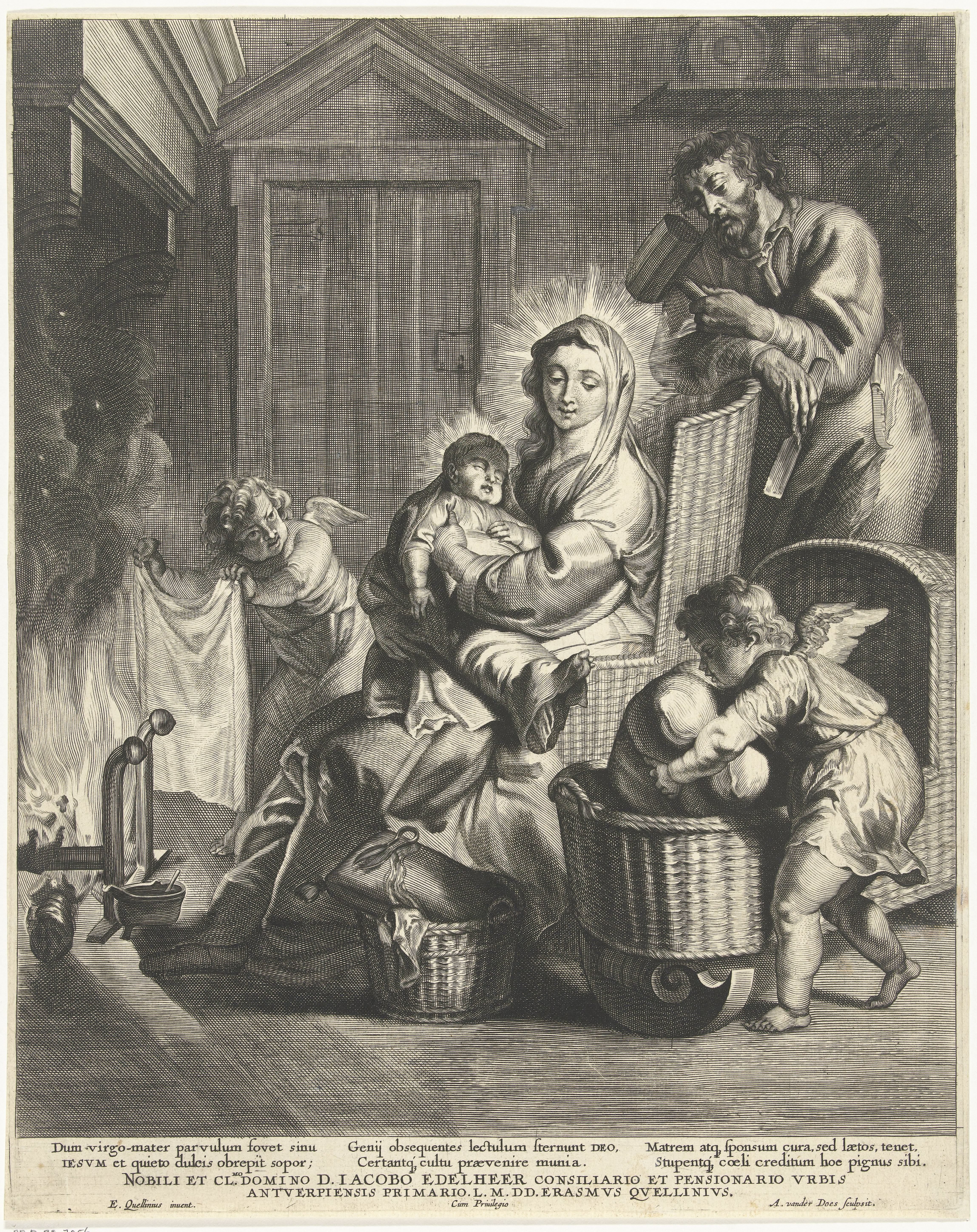 Heilige familie in interieur met twee engelen