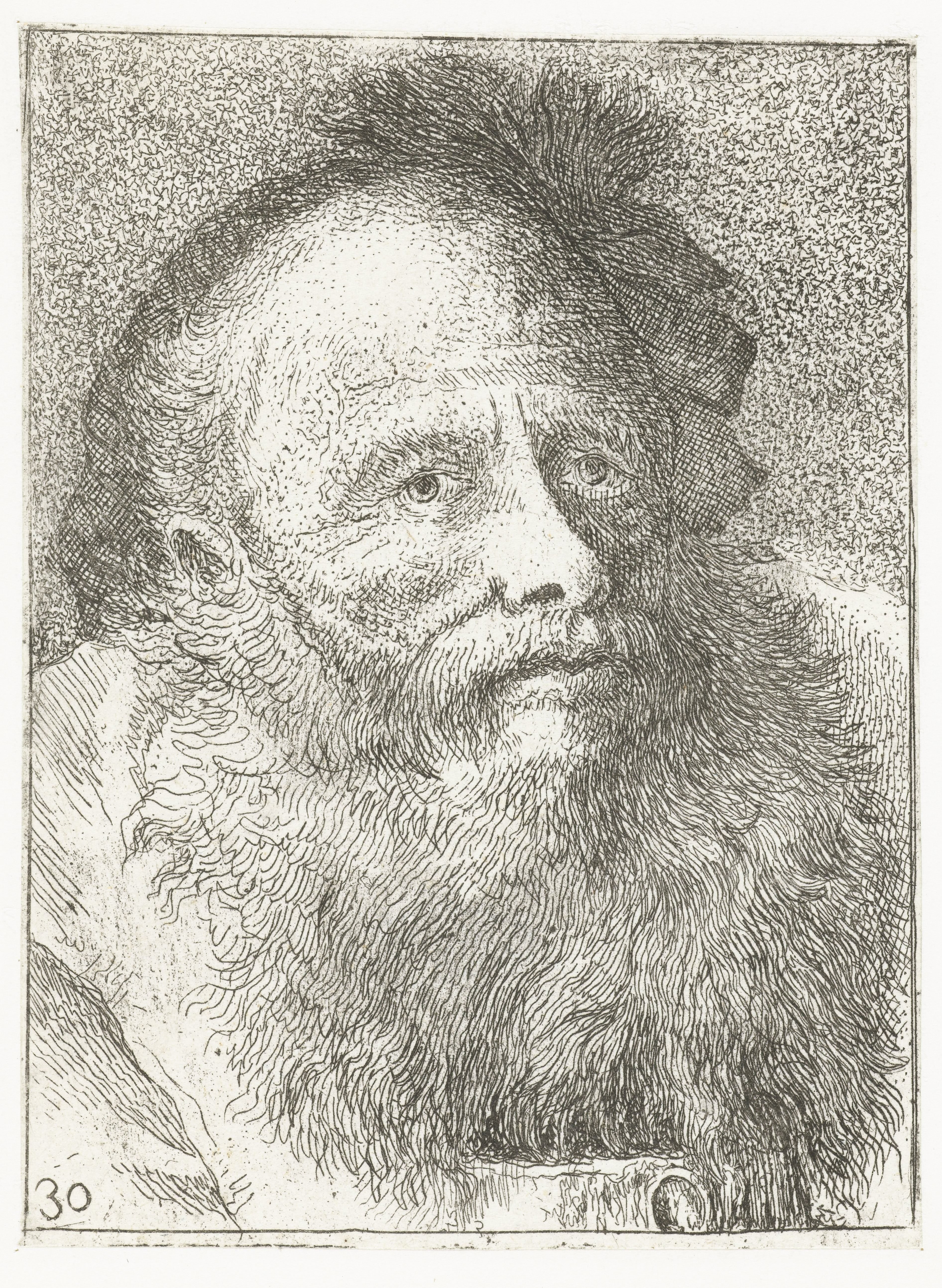 Man met baard en hoofddeksel met veer