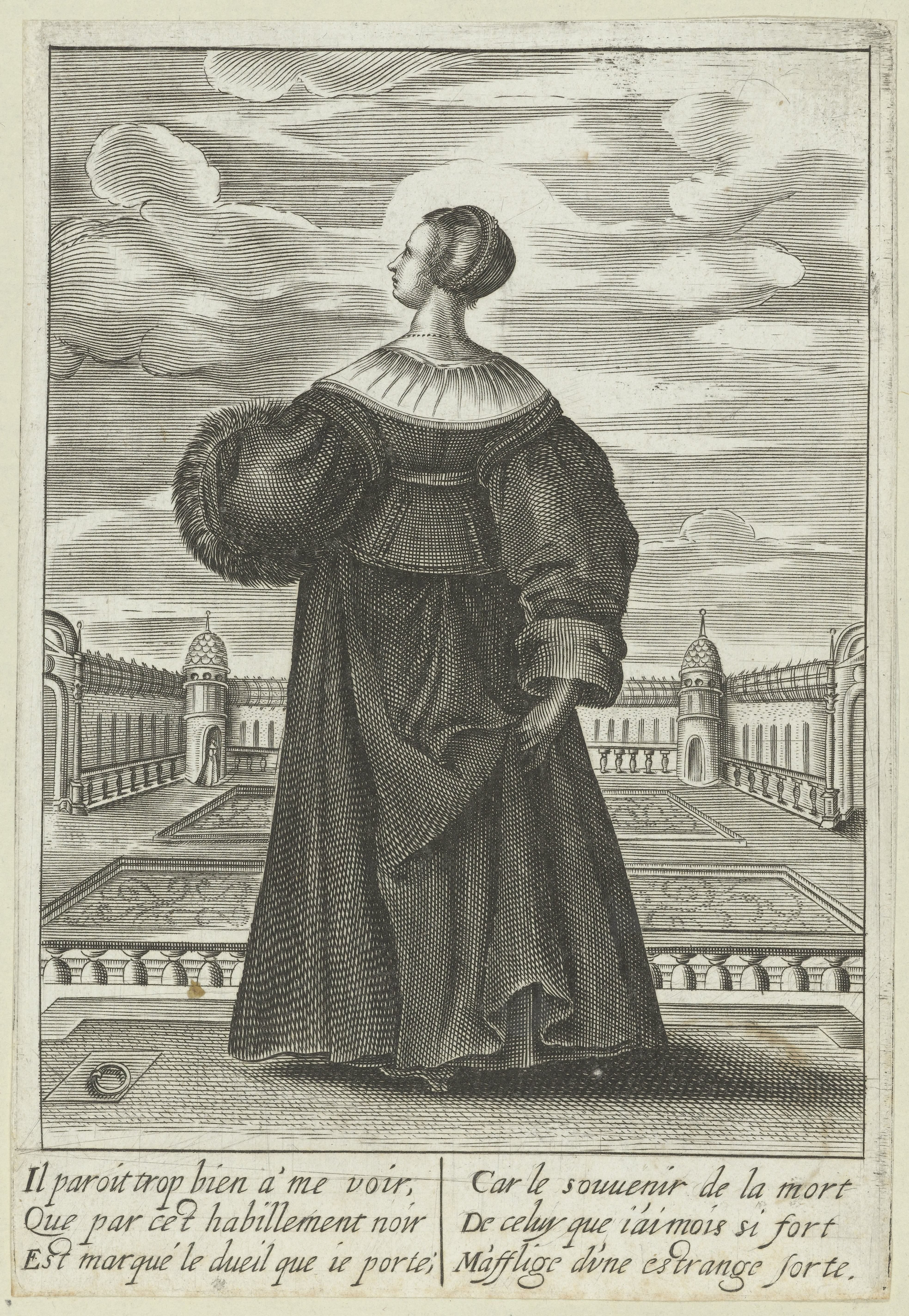Franse dame in rouwkleding in een paleistuin
