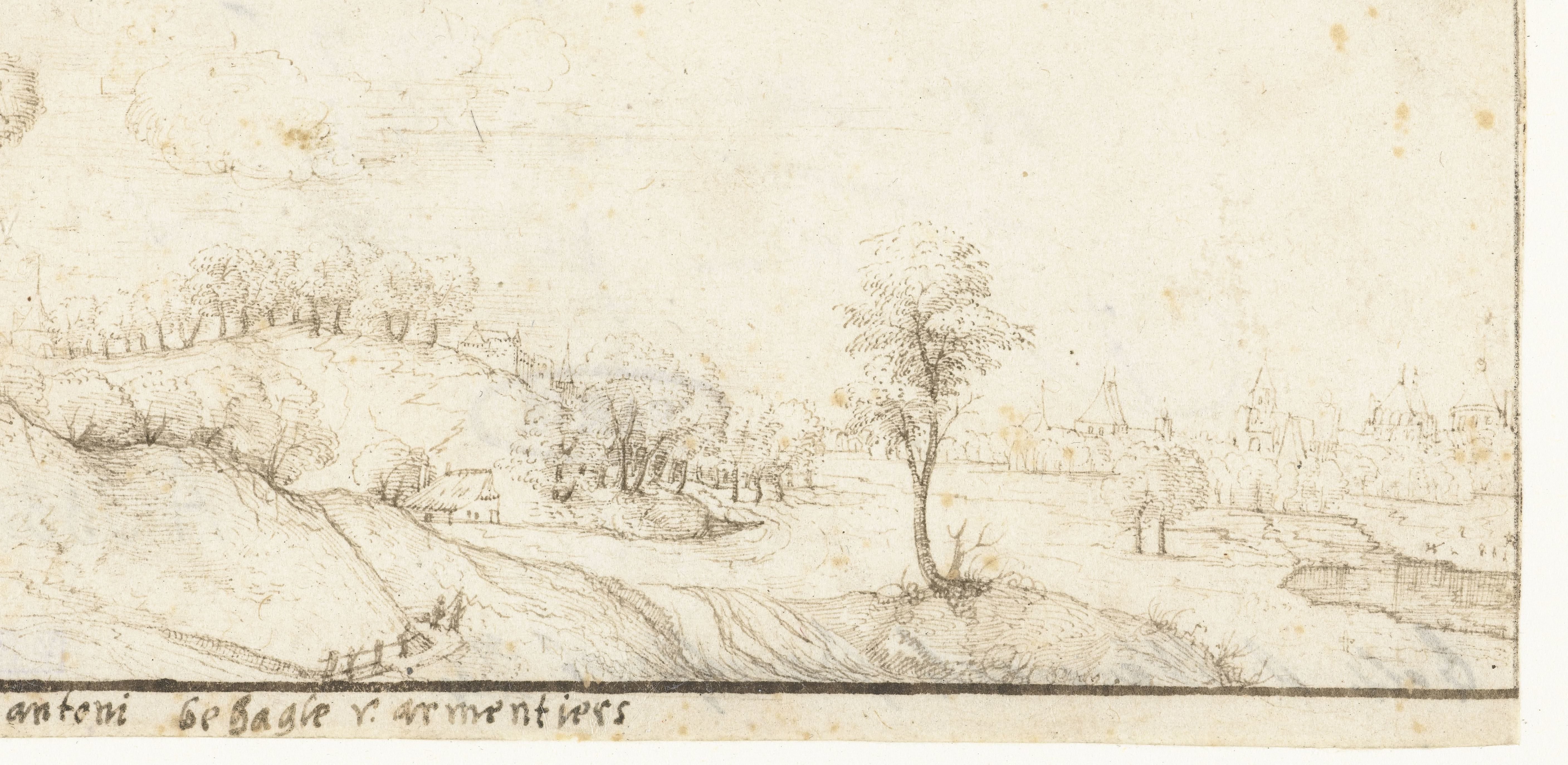 Heuvelachtig landschap met kerk aan rivier