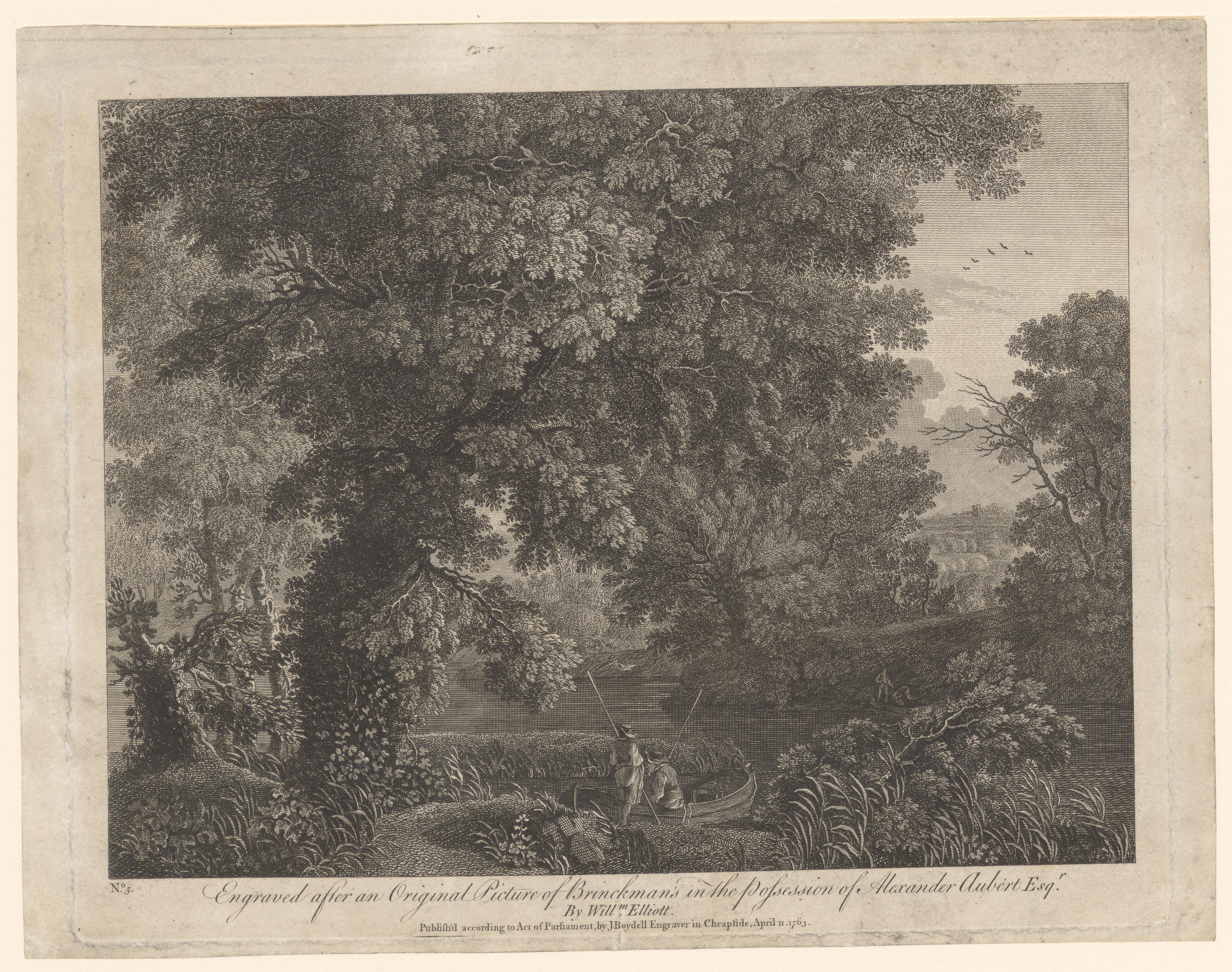 Landschap met twee vissers op een boot aan de oever van een rivier