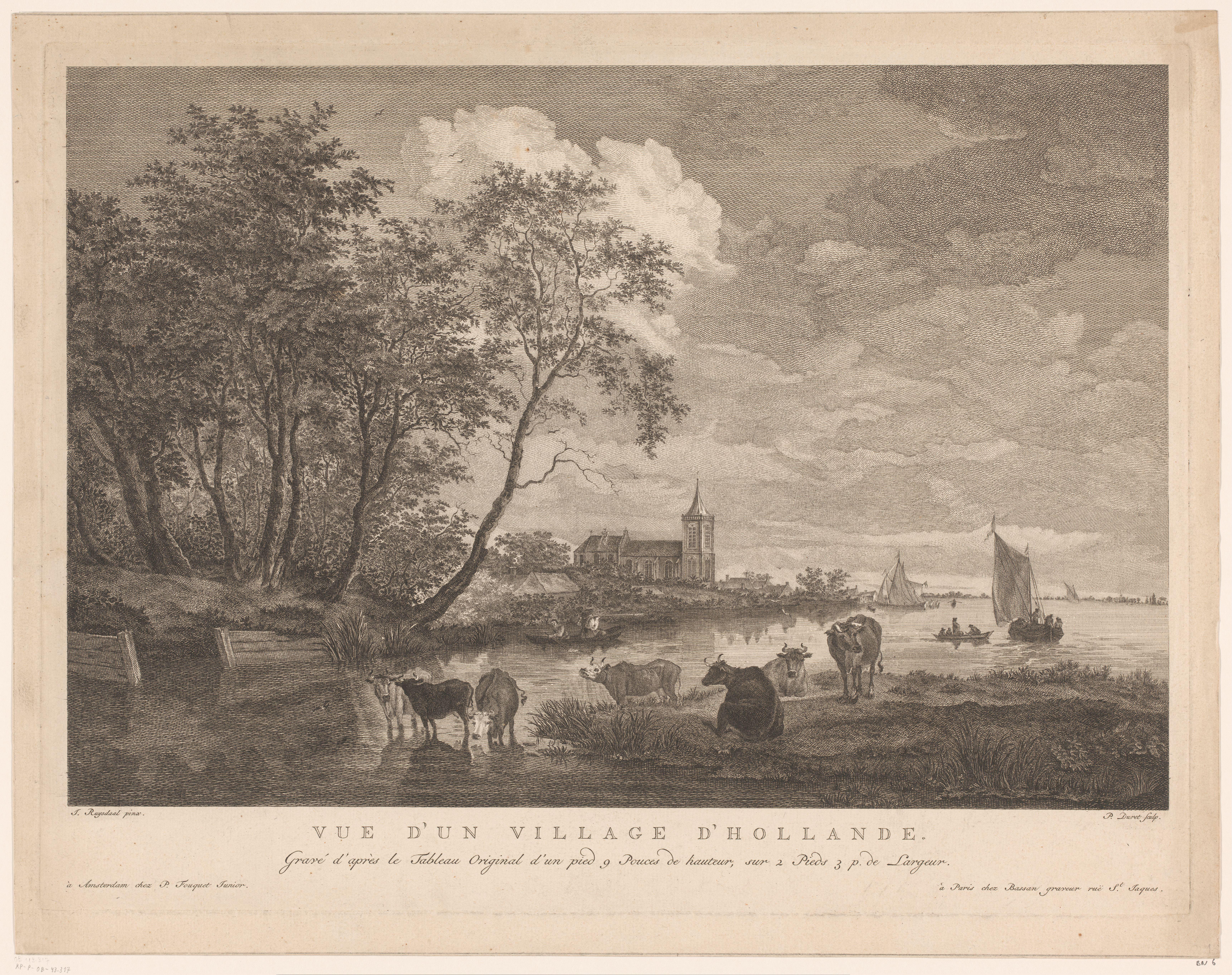 Landschap met kerk en wadende koeien