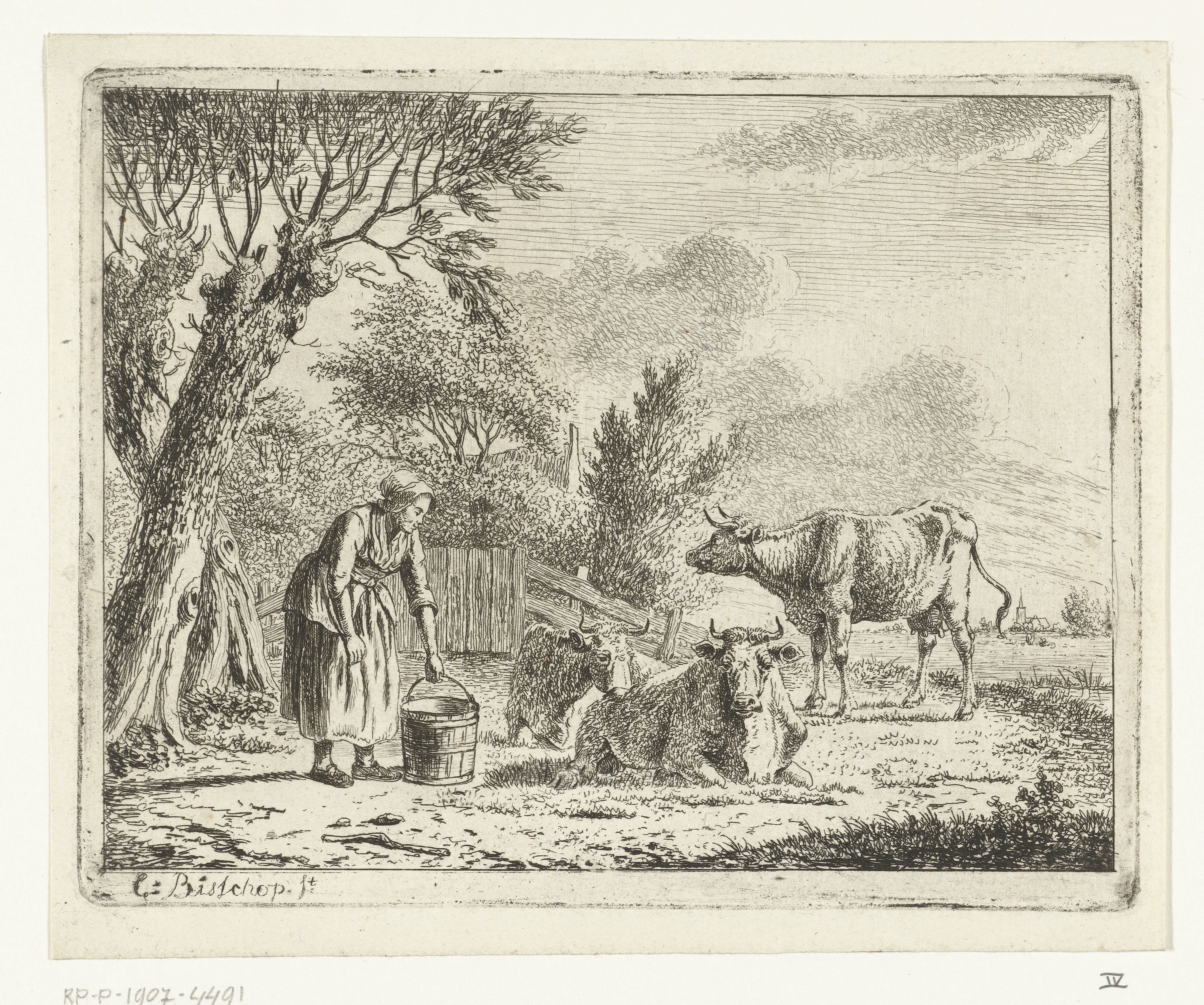 Landschap met vrouw met melkemmer en drie koeien bij boerderij